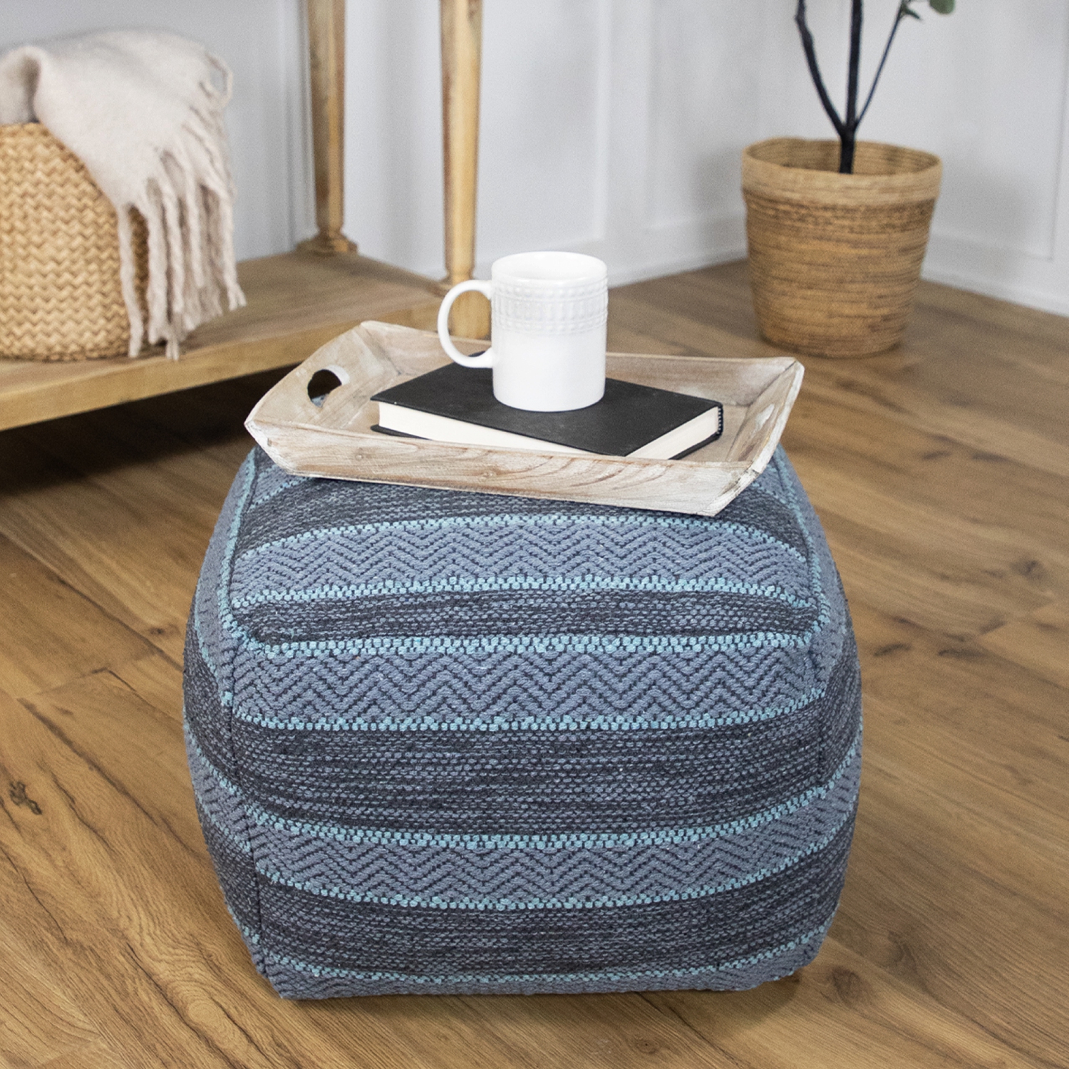 Pouf carré en coton tissé rayé - 14 po - Gris