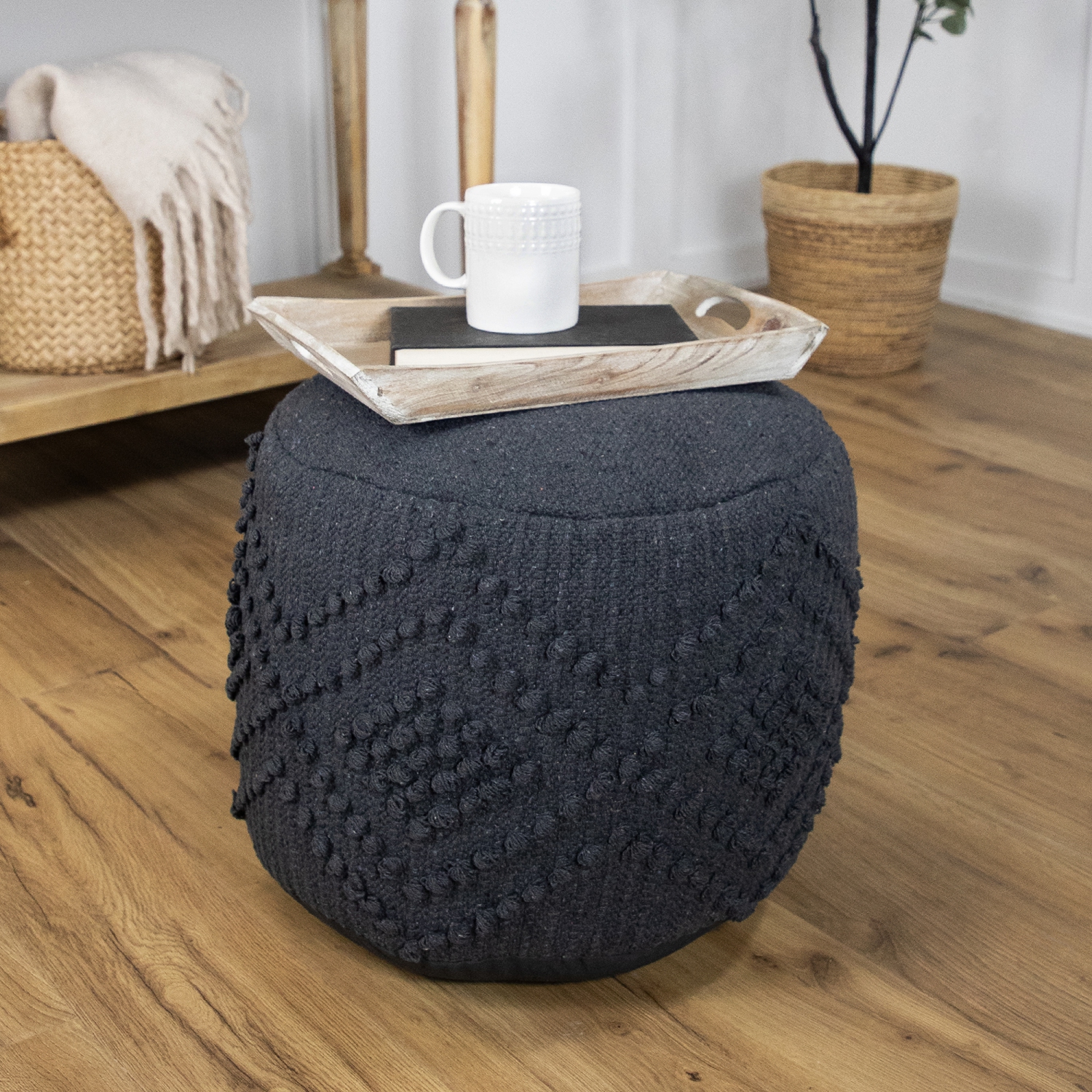Pouf rond texturé en coton tissé - 14 po - Gris