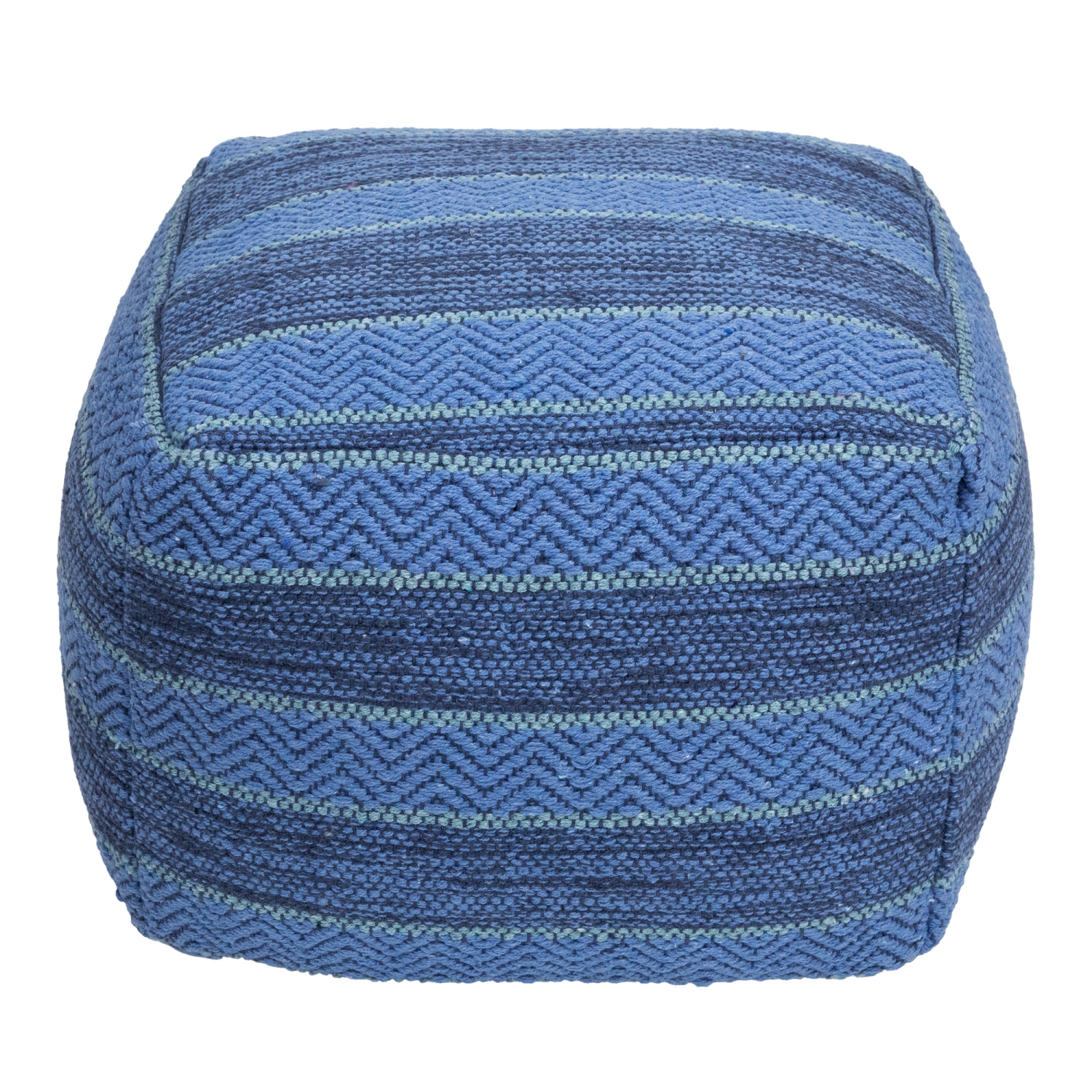 Pouf carré en coton tissé rayé - 14 po - Bleu