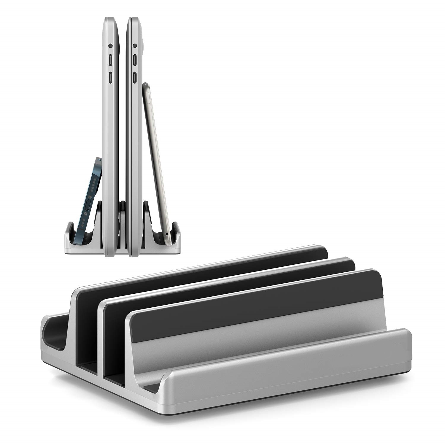 SPACEMax Adjustable Vertical Laptop Stand: GRIPLock Anti-Tip Silicone, Aluminum Holder, Double Dock Design