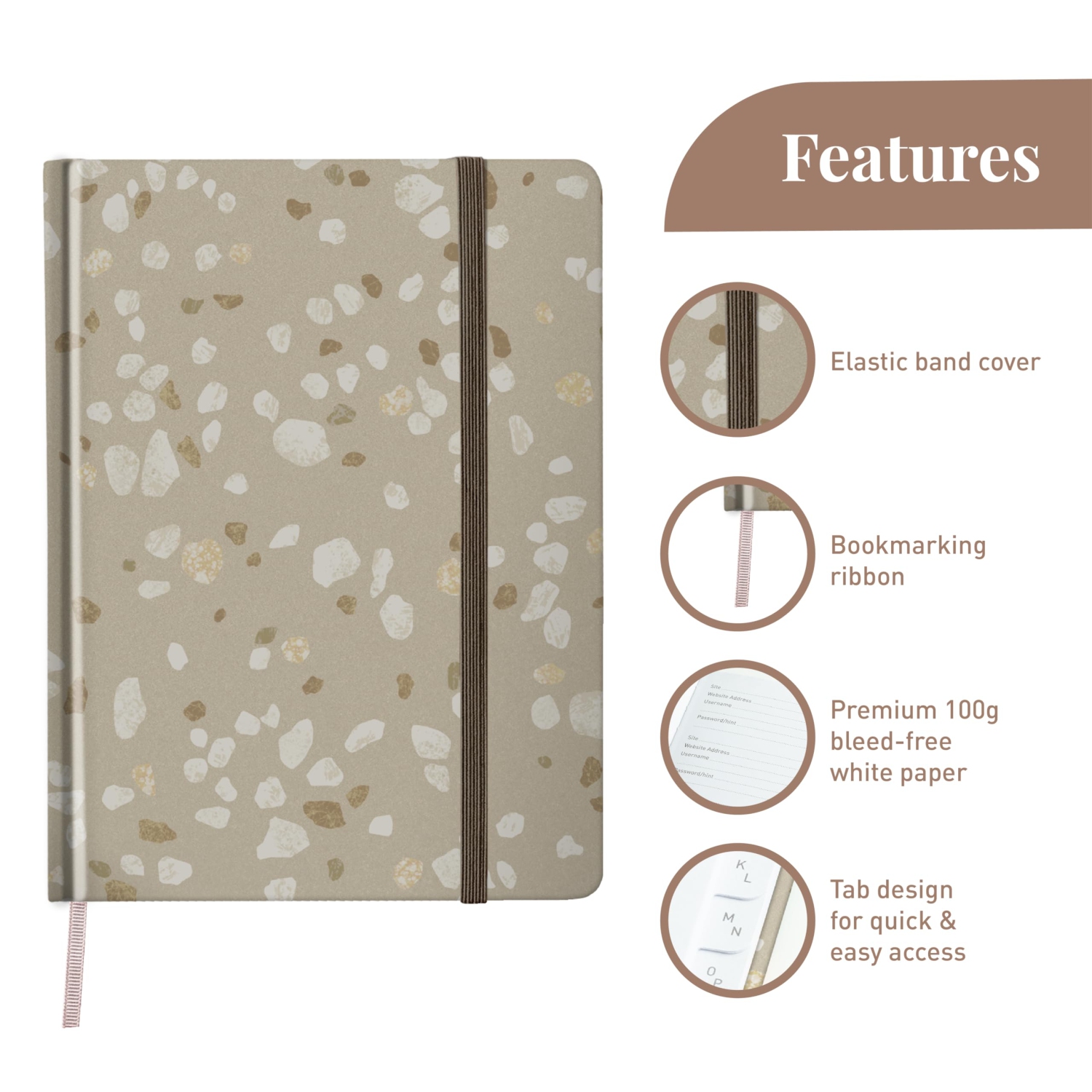 Rileys & Co Terrazzo Elegance – Livre de mots de passe | onglets alphabétiques, organisateur de mots de passe, sécurité Internet et gardien de