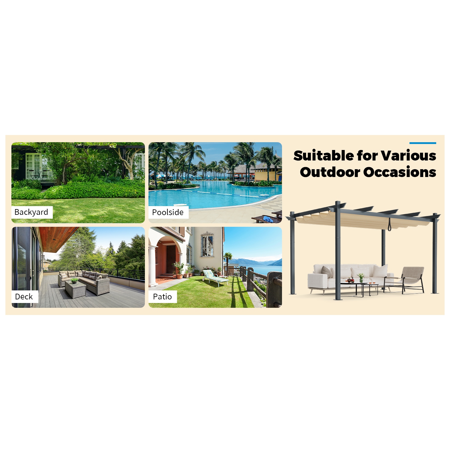 Pergola d'extérieur en aluminium robuste de 10 x 13 pi avec auvent rétractable beige de Costway