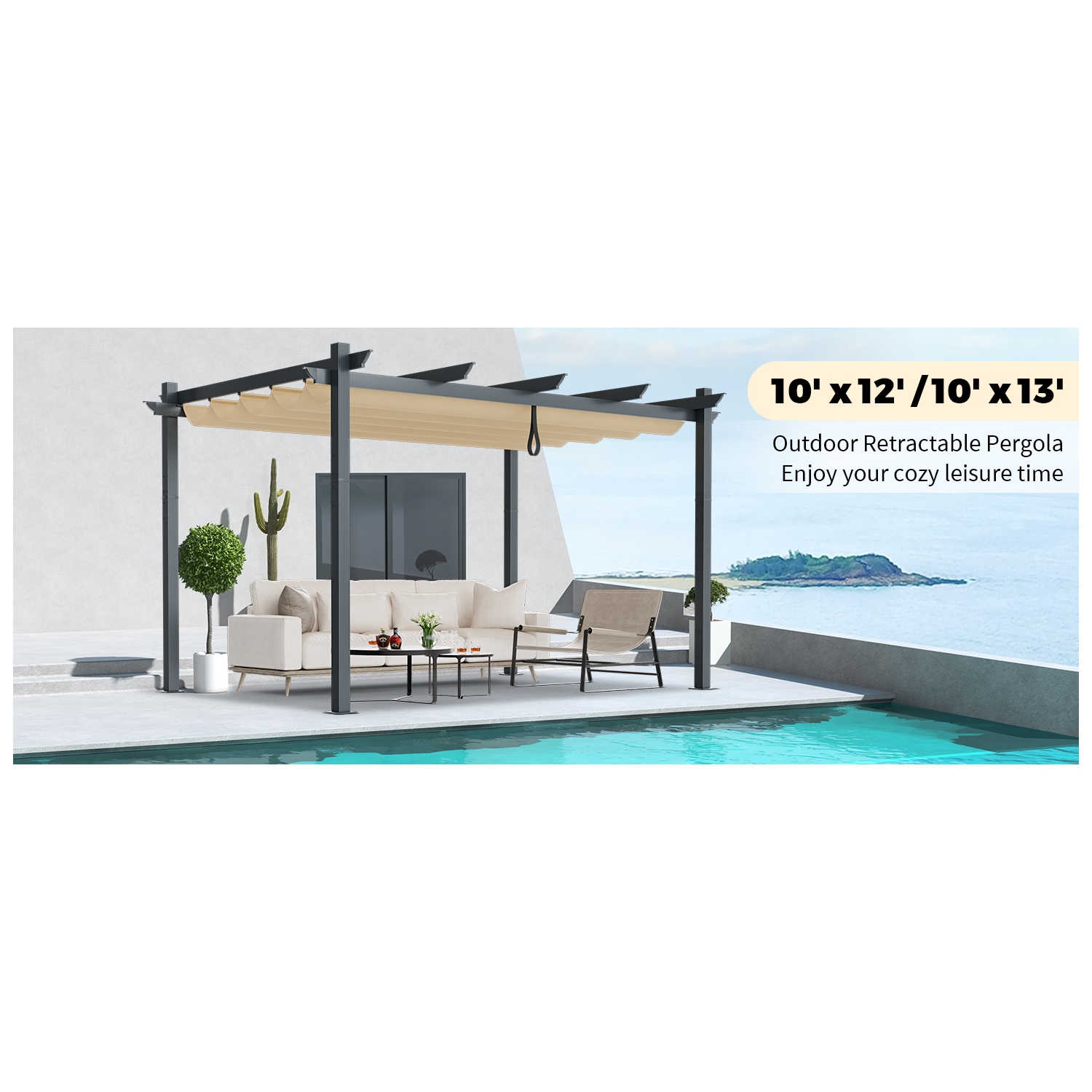 Pergola d'extérieur en aluminium robuste de 10 x 13 pi avec auvent rétractable beige de Costway