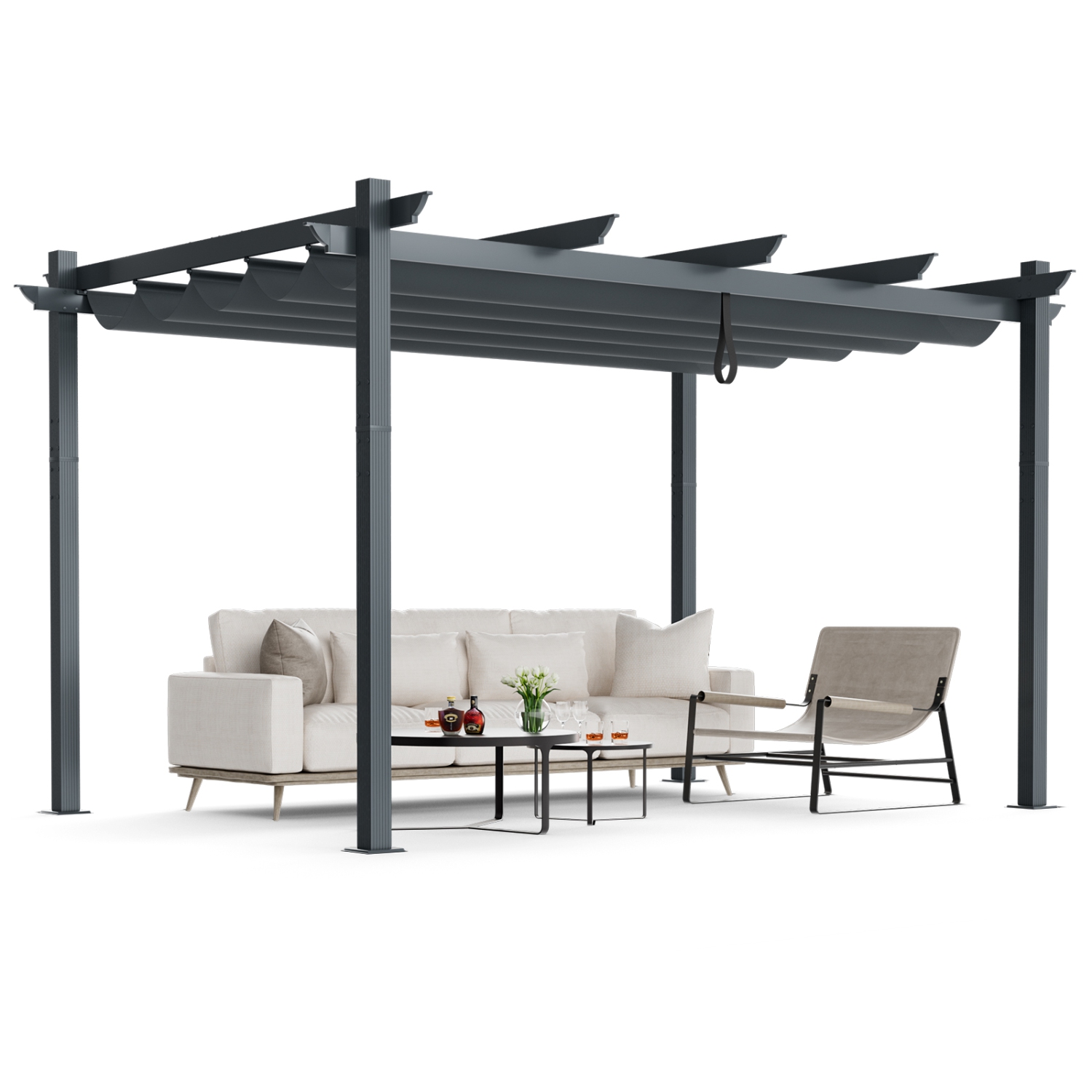10x13 Ft Pergola, Heavy-Duty Aluminum Outdoor Pergola with Retractable Sun Shade Canopy Grey