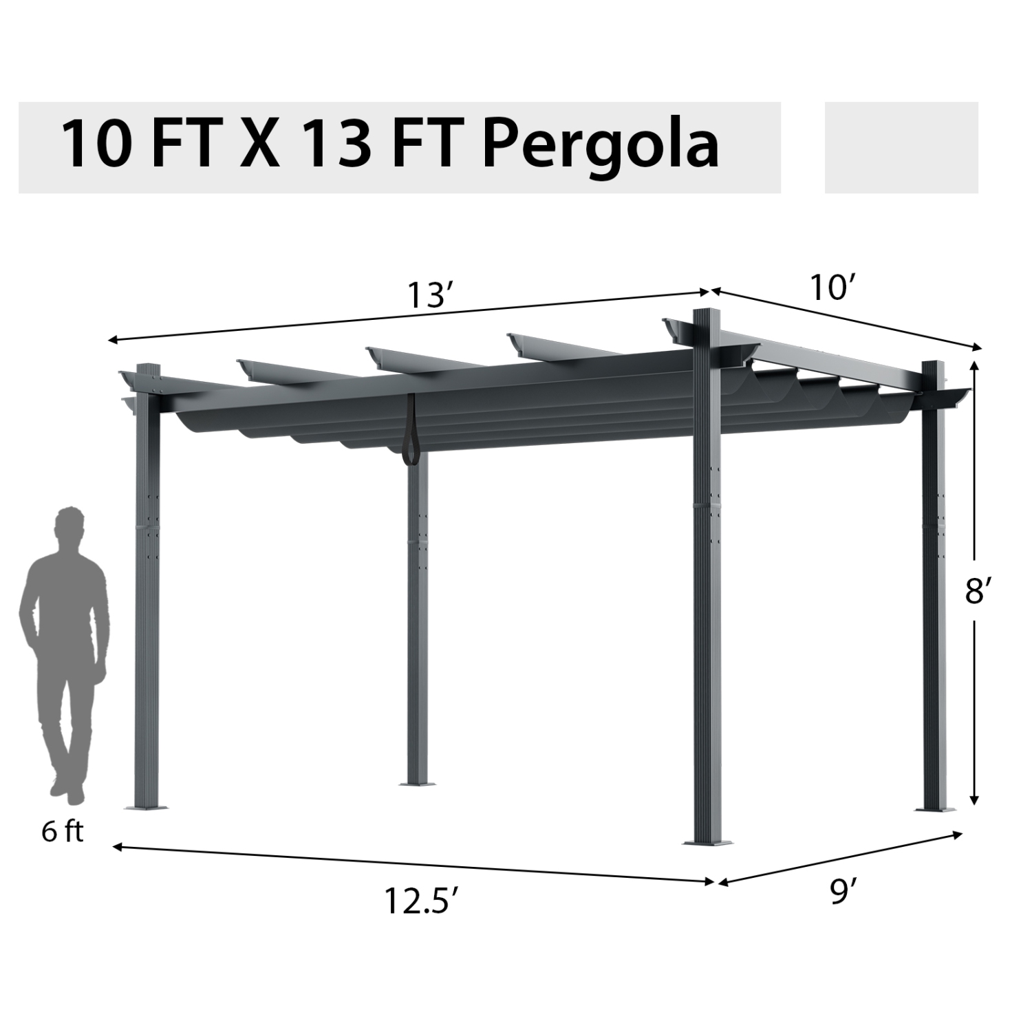 10x13 Ft Pergola, Heavy-Duty Aluminum Outdoor Pergola with Retractable Sun Shade Canopy Grey