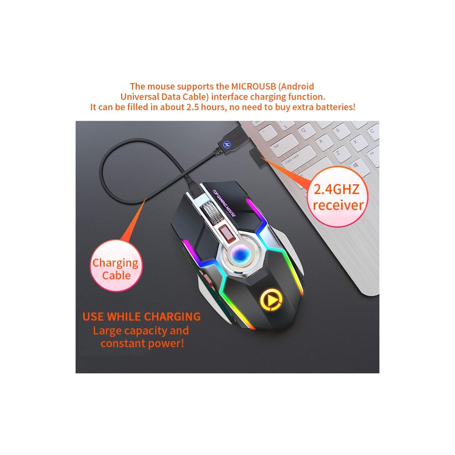 ErgoBeam Wireless Rechargeable Gaming Mouse Mice Souris, RGB Backlit 7 Buttons 1600DPI for PC Gamer Laptop Desktop Chromebook Mac