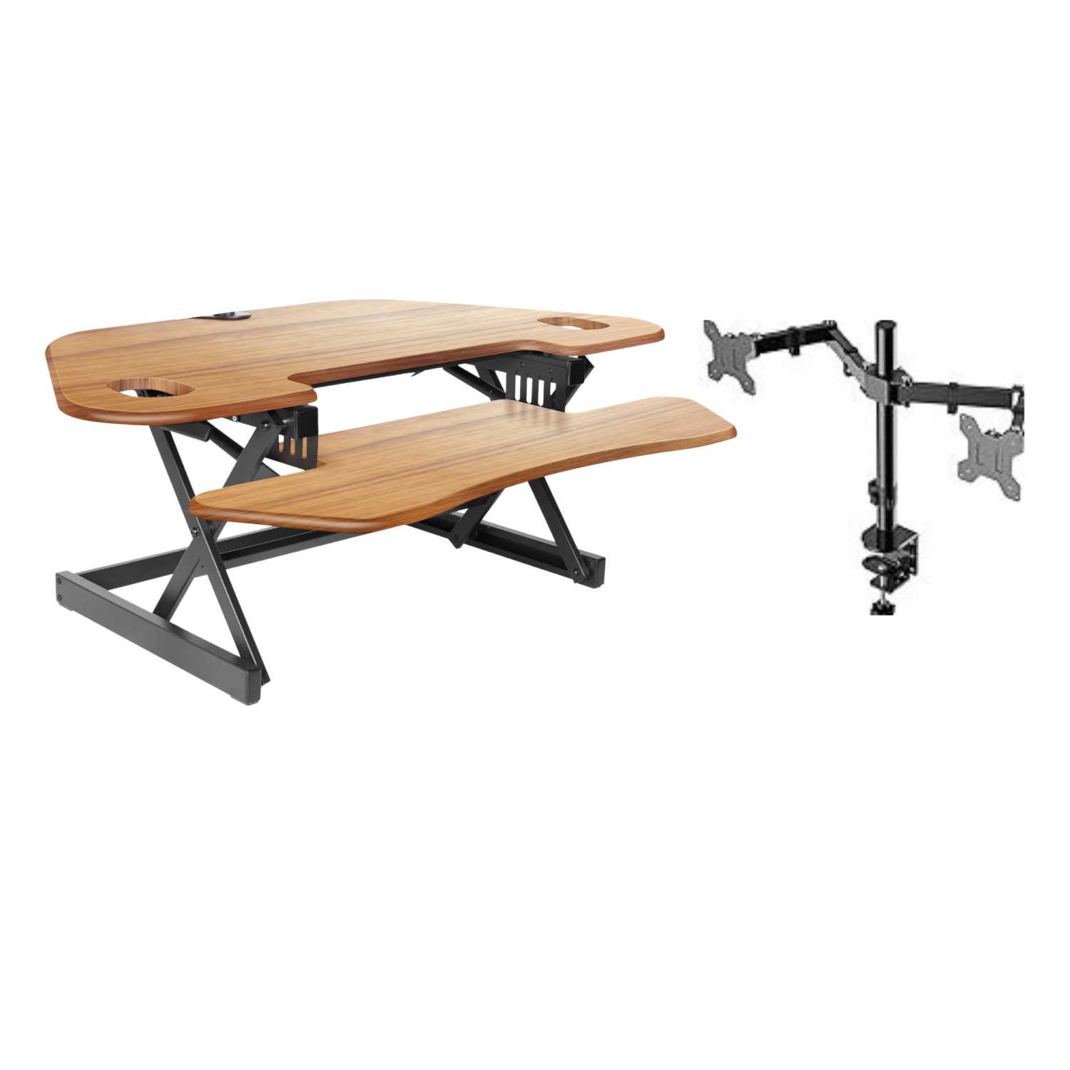Rocelco Teak CADRT-46-DM2 Corner Adjustable Height Desk Riser 46" & Dual Monitor Desk Mount Bundle