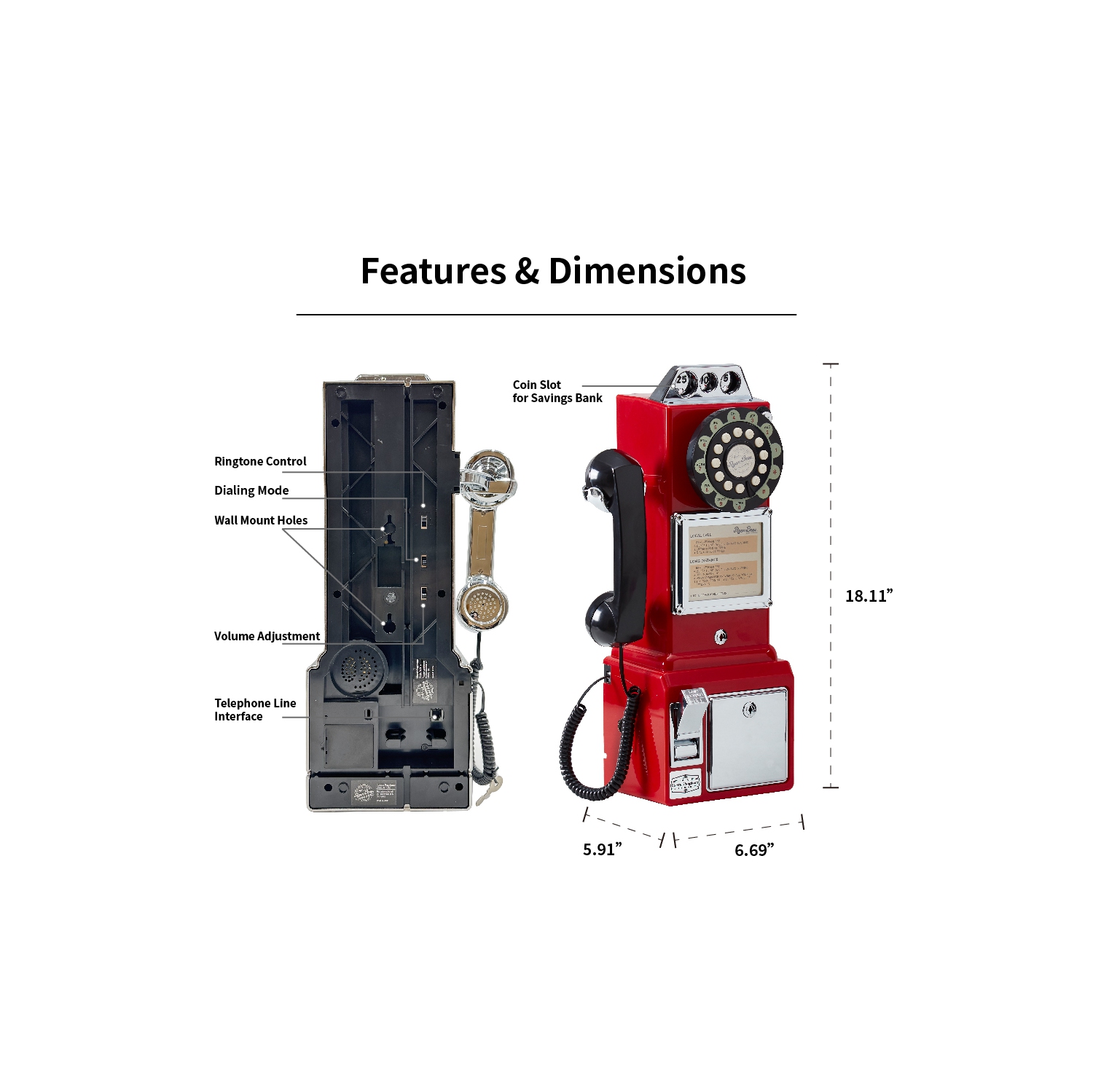 Ryan Bros. Retro 1950's Payphone with Coin Bank