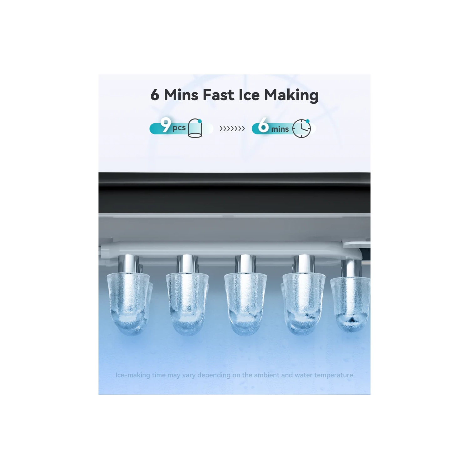 Ecozy Portable Countertop Ice Maker - 9pcs Ice Cubes in 6 Minutes, 26 lbs Daily Output, Self-Cleaning with Ice Bags, Scoop, and Basket - Utensils