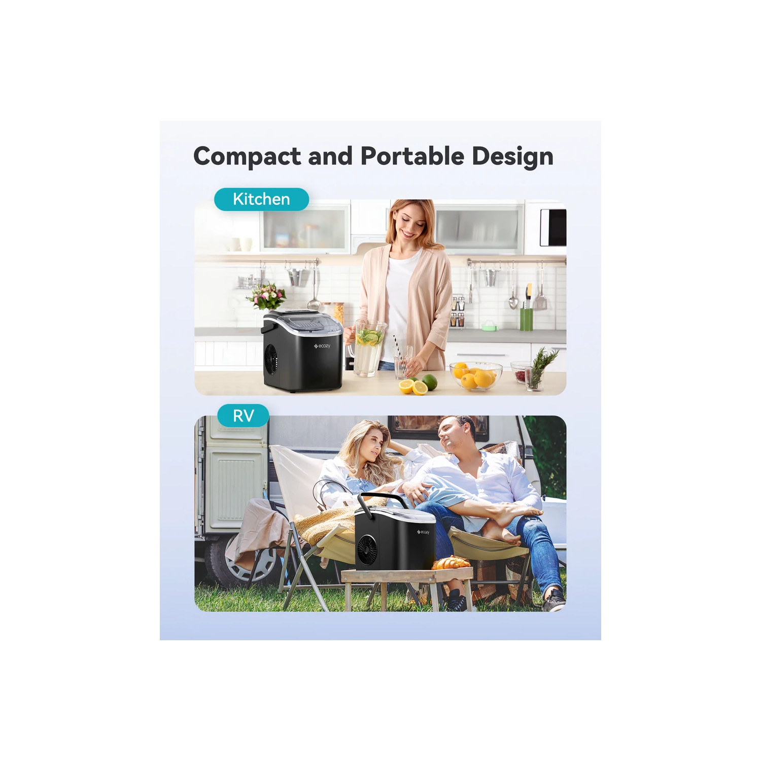 Ecozy Portable Countertop Ice Maker - 9pcs Ice Cubes in 6 Minutes, 26 lbs Daily Output, Self-Cleaning with Ice Bags, Scoop, and Basket - Utensils