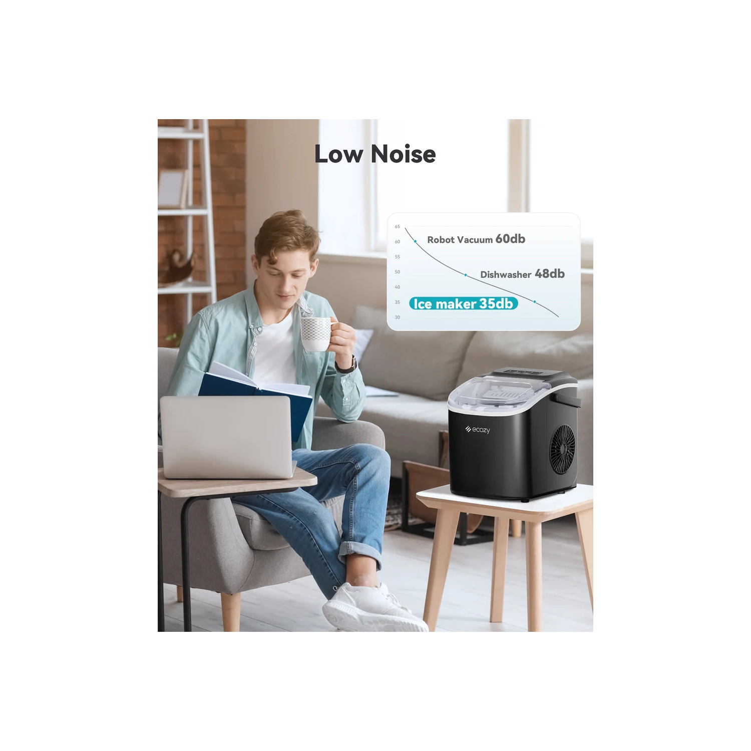 Ecozy Portable Countertop Ice Maker - 9pcs Ice Cubes in 6 Minutes, 26 lbs Daily Output, Self-Cleaning with Ice Bags, Scoop, and Basket - Utensils