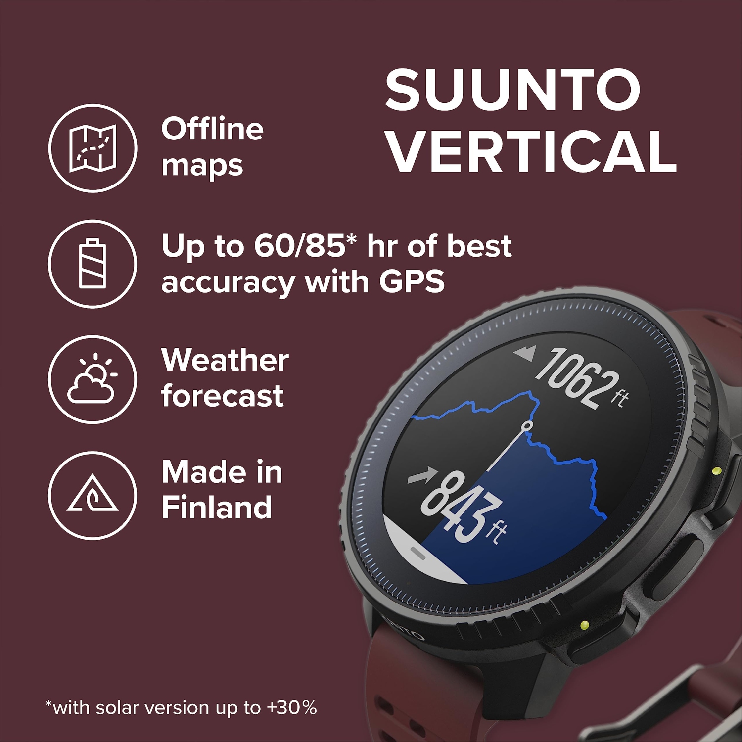 SUUNTO Vertical&nbsp;: Montre GPS d'aventure, grand écran, cartes hors ligne - Noir/rubis