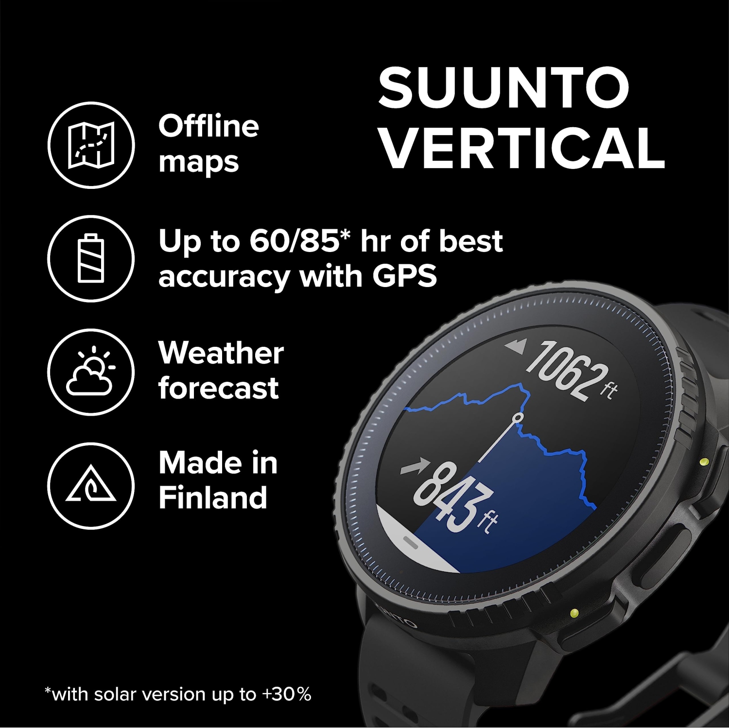 SUUNTO Vertical&nbsp;: Montre GPS d'aventure, grand écran, cartes hors ligne - Noir/noir