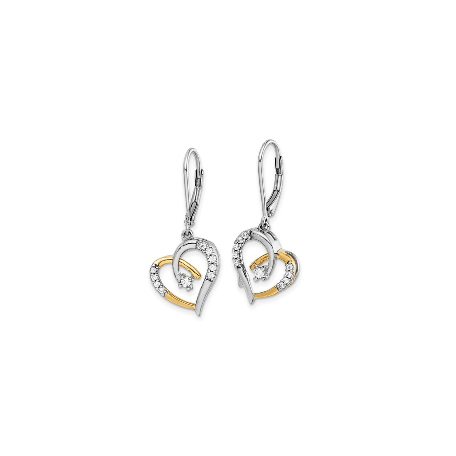 Boucles d'oreilles pendantes en forme de coeur en diamant 1/5&nbsp;carat en or blanc et jaune 14K ct