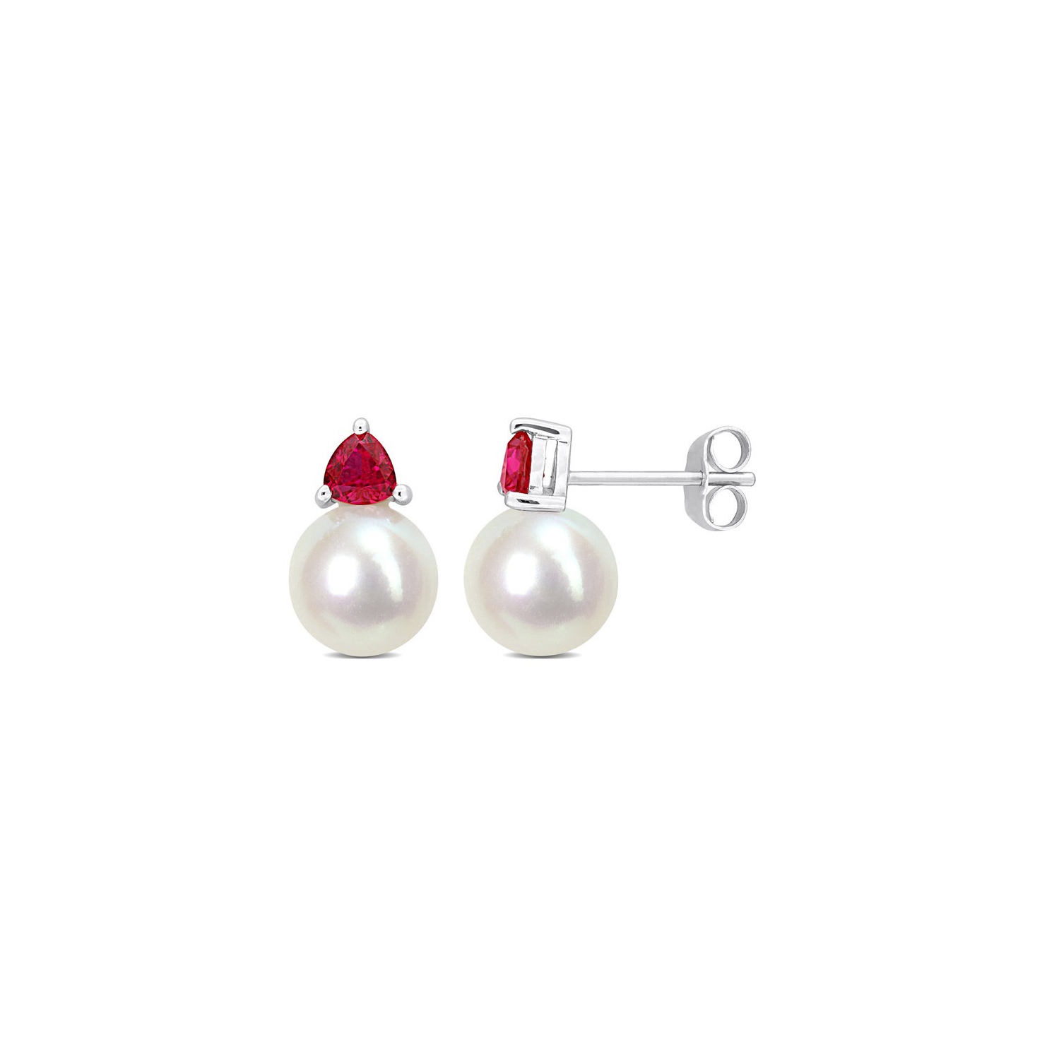 8-8.5 mm Cultured Freshwater Pearl Earrings with Lab-Created Rubies10K White Gold