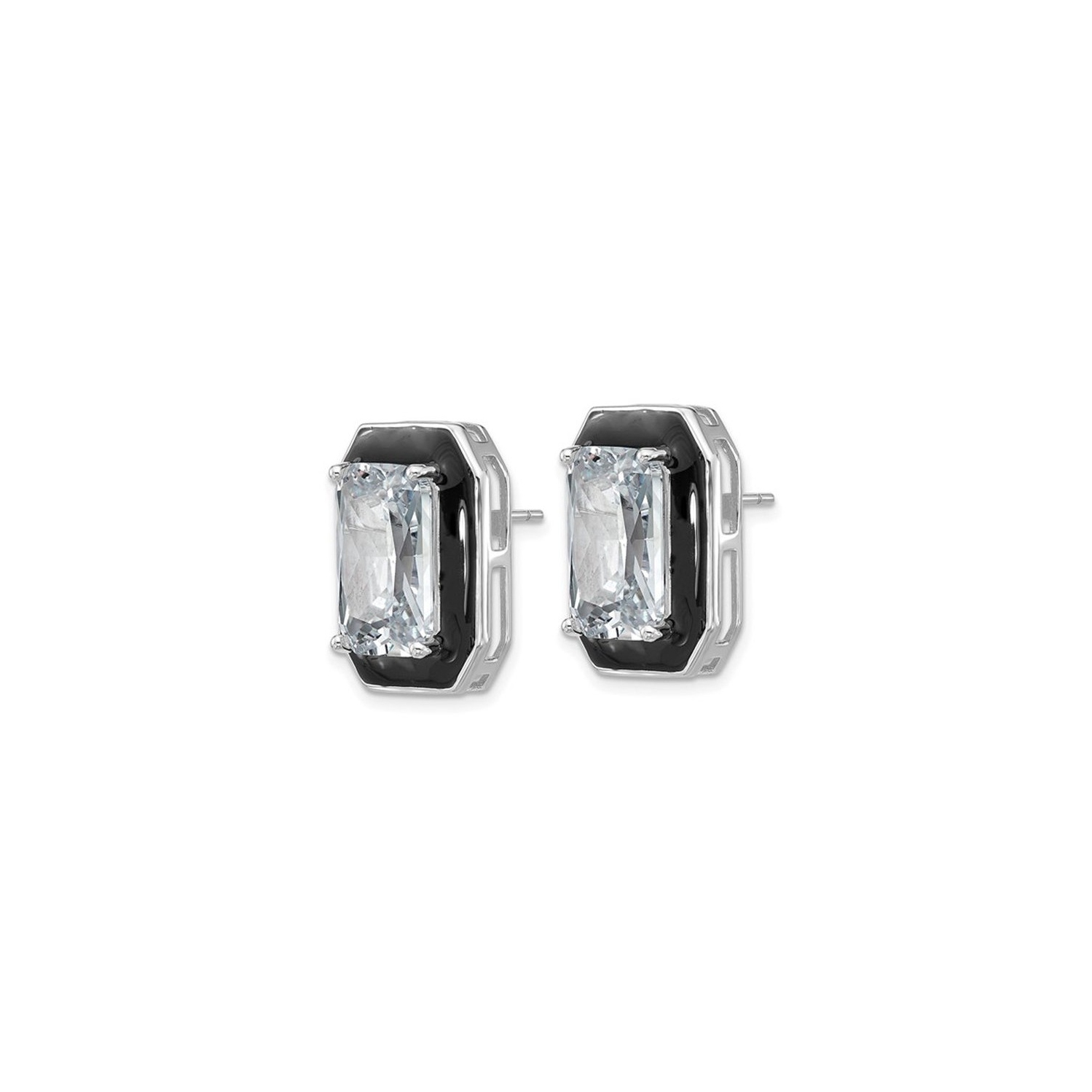 Synthetic Cubic Zirconia Emerald-Cut Earrings in Sterling Silver with Black Enamel
