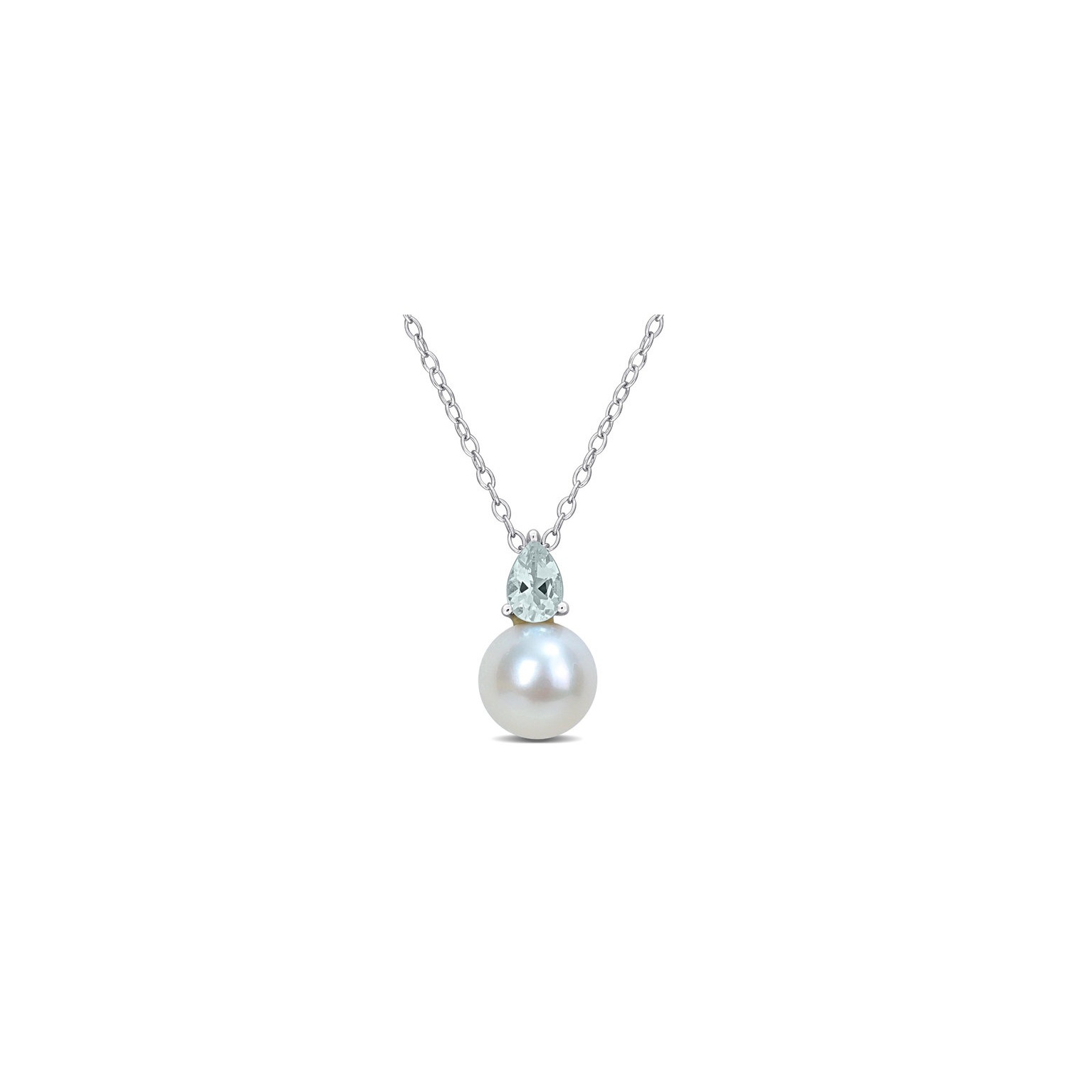 8.5-9mm Freshwater Cultured Drop Pearl Pendant Necklace with Aquamarine Sterling Silver with Chain