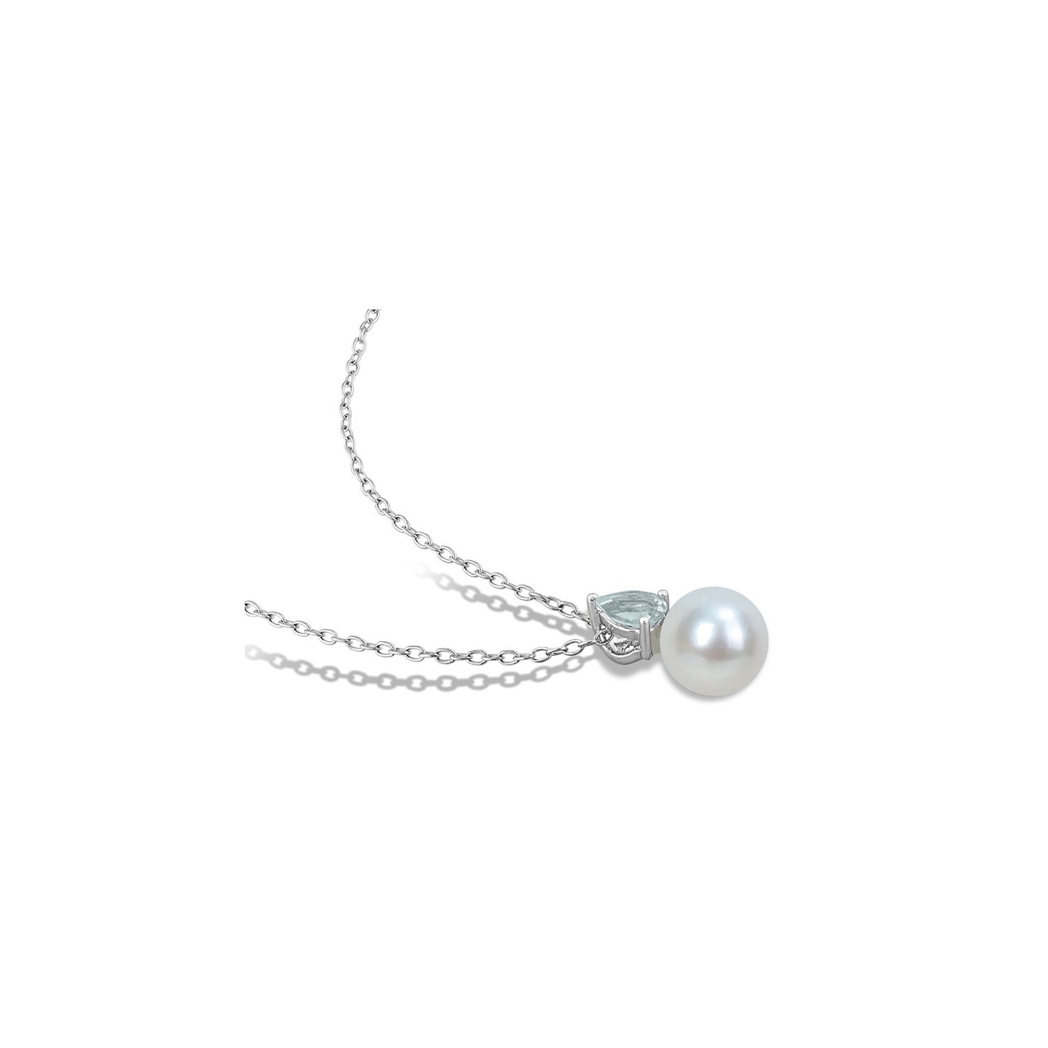 8.5-9mm Freshwater Cultured Drop Pearl Pendant Necklace with Aquamarine Sterling Silver with Chain