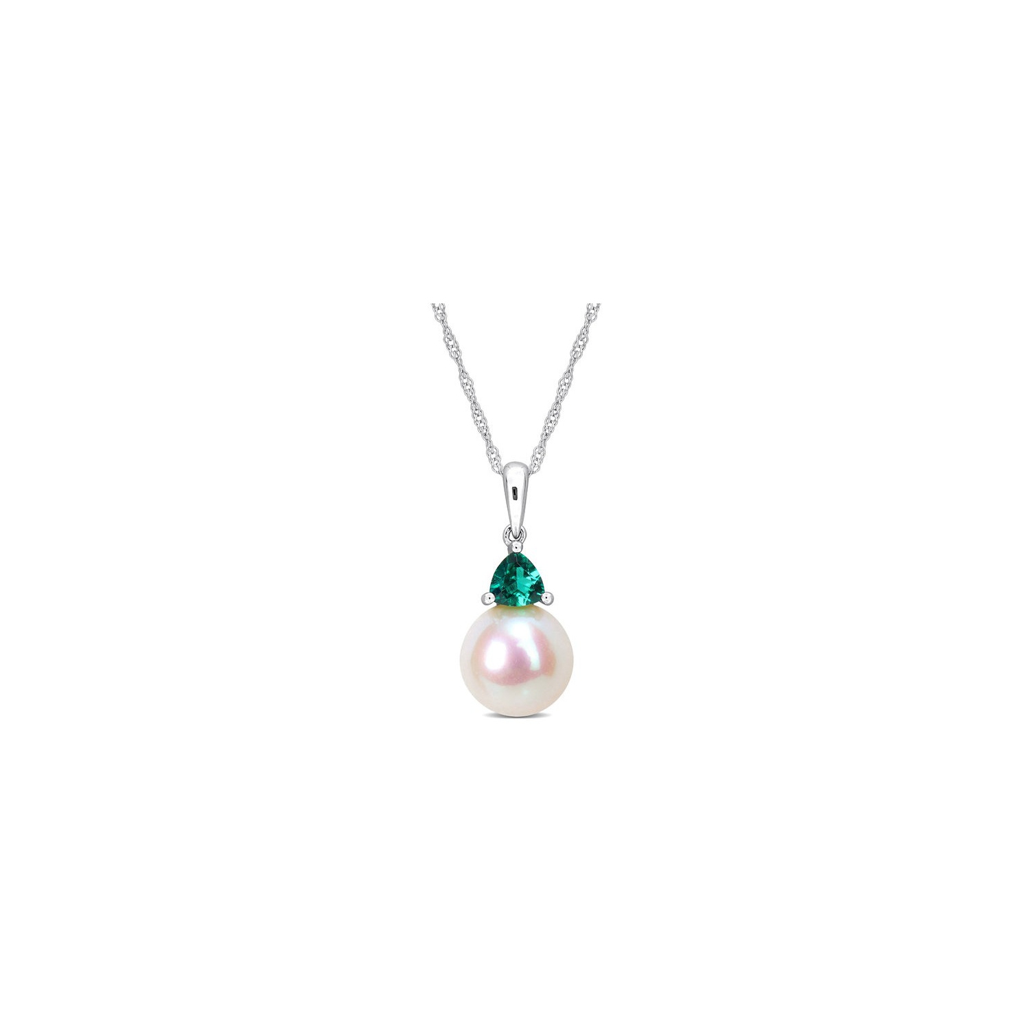 8-8.5mm Freshwater Cultured Drop Pearl Pendant Necklace with Lab-Created Emerald in 10K White Gold with Chain