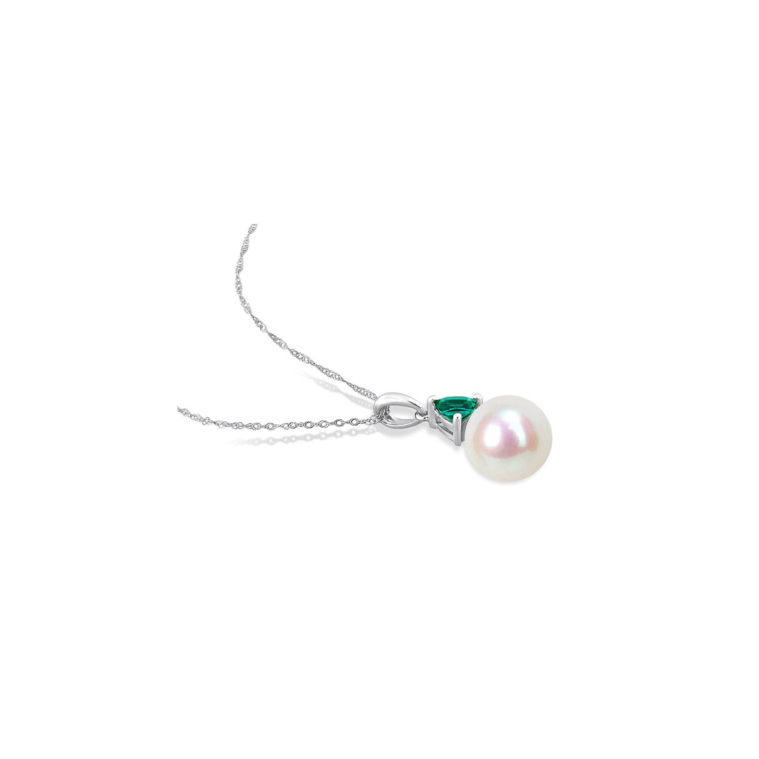 8-8.5mm Freshwater Cultured Drop Pearl Pendant Necklace with Lab-Created Emerald in 10K White Gold with Chain