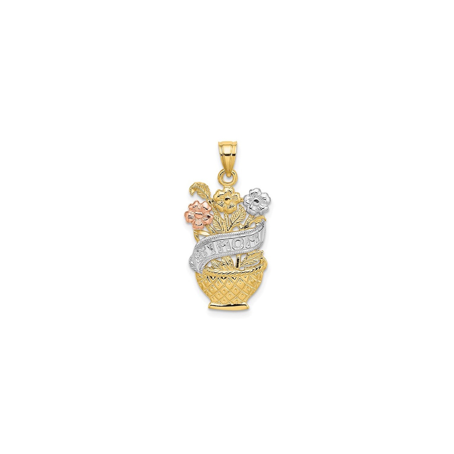 14K Yellow Gold Mom Flower Basket Pendant