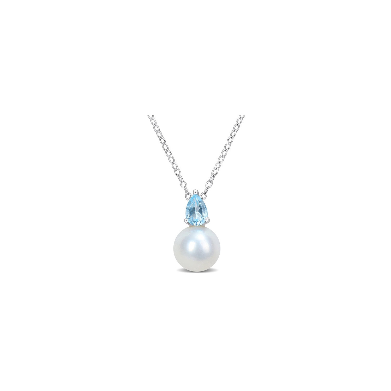 8.5-9mm Freshwater Cultured Drop Pearl Pendant Necklace with Blue Topaz Sterling Silver with Chain