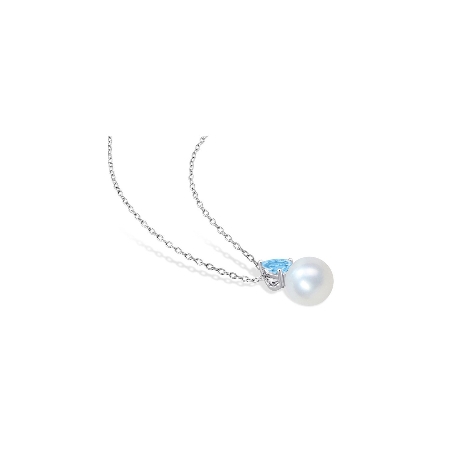 8.5-9mm Freshwater Cultured Drop Pearl Pendant Necklace with Blue Topaz Sterling Silver with Chain