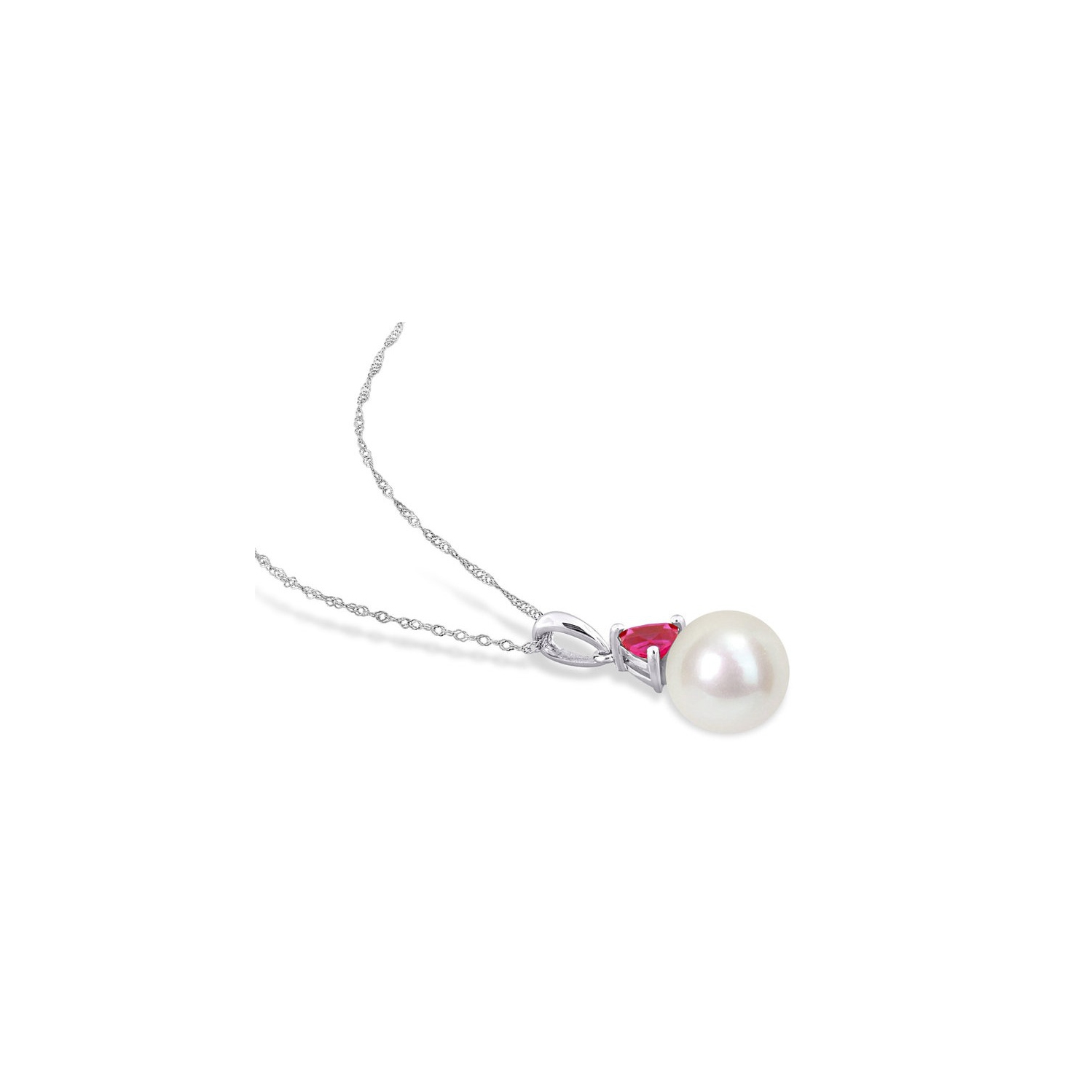 8-8.5mm Freshwater Cultured Drop Pearl Pendant Necklace with Lab-Created Ruby in 10K White Gold with Chain