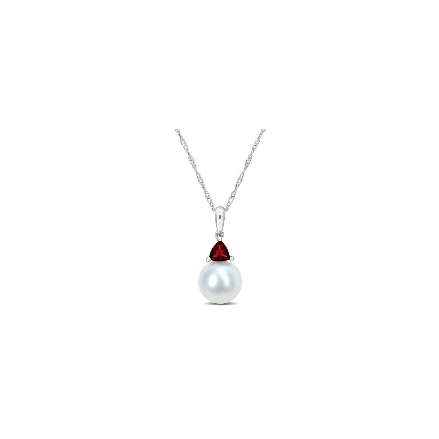 8-8.5mm Freshwater Cultured Drop Pearl Pendant Necklace with Garnet in 10K White Gold with Chain