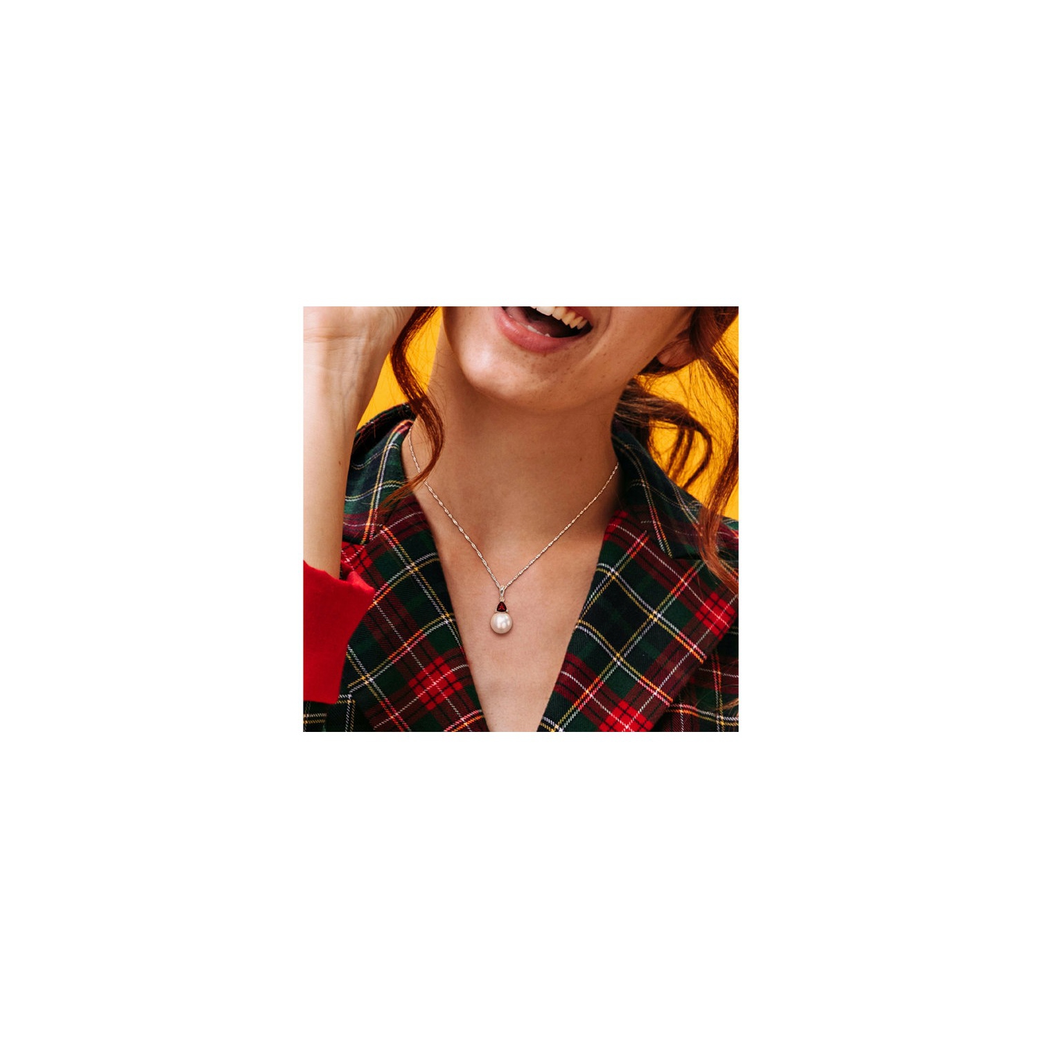 8-8.5mm Freshwater Cultured Drop Pearl Pendant Necklace with Garnet in 10K White Gold with Chain