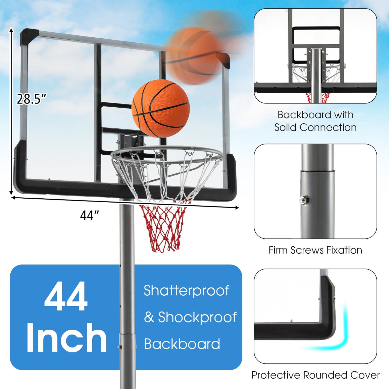 Costway 64"-79" Height Adjustable Poolside Basketball Hoop Goal System with44" Backboard