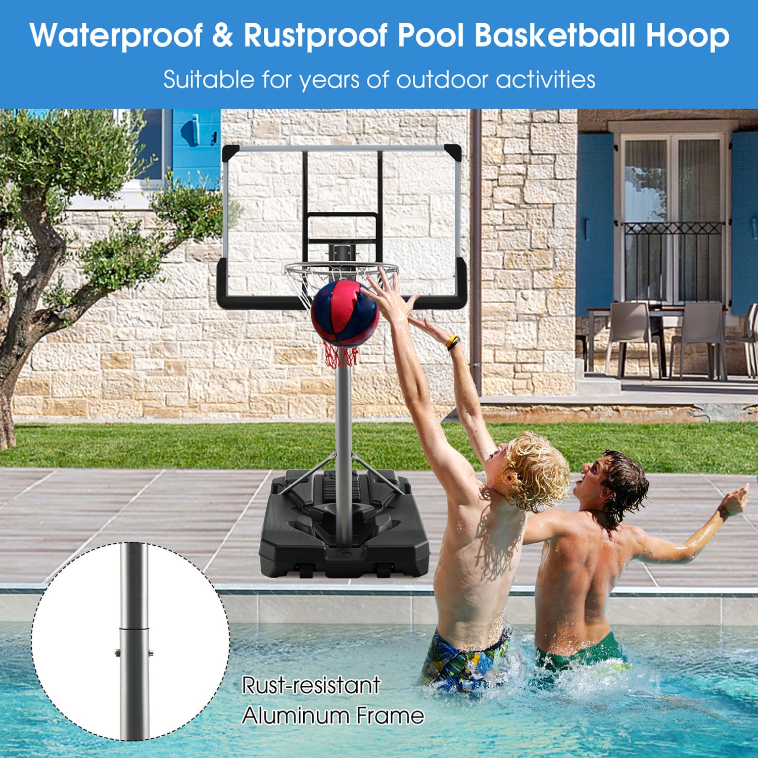 Costway 64"-79" Height Adjustable Poolside Basketball Hoop Goal System with44" Backboard