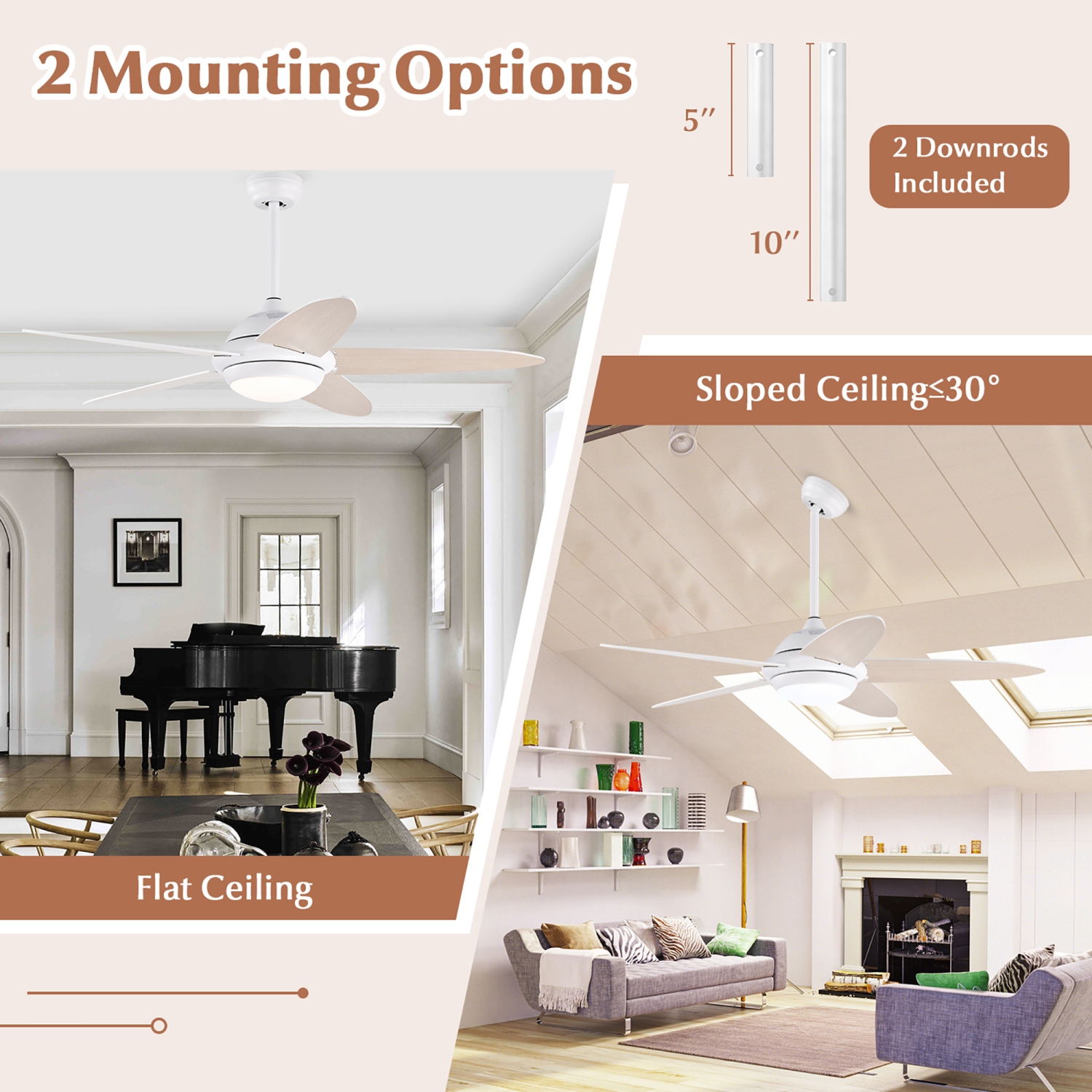 Ventilateur de plafond 52 po avec éclairage DEL et télécommande de Costway pour 1/2/4/8H et 3 vitesses de ventilation