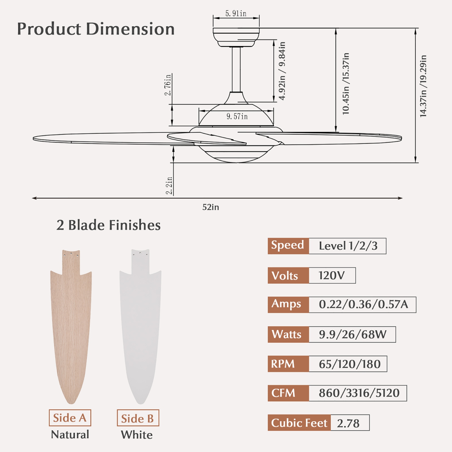Ventilateur de plafond 52 po avec éclairage DEL et télécommande de Costway pour 1/2/4/8H et 3 vitesses de ventilation
