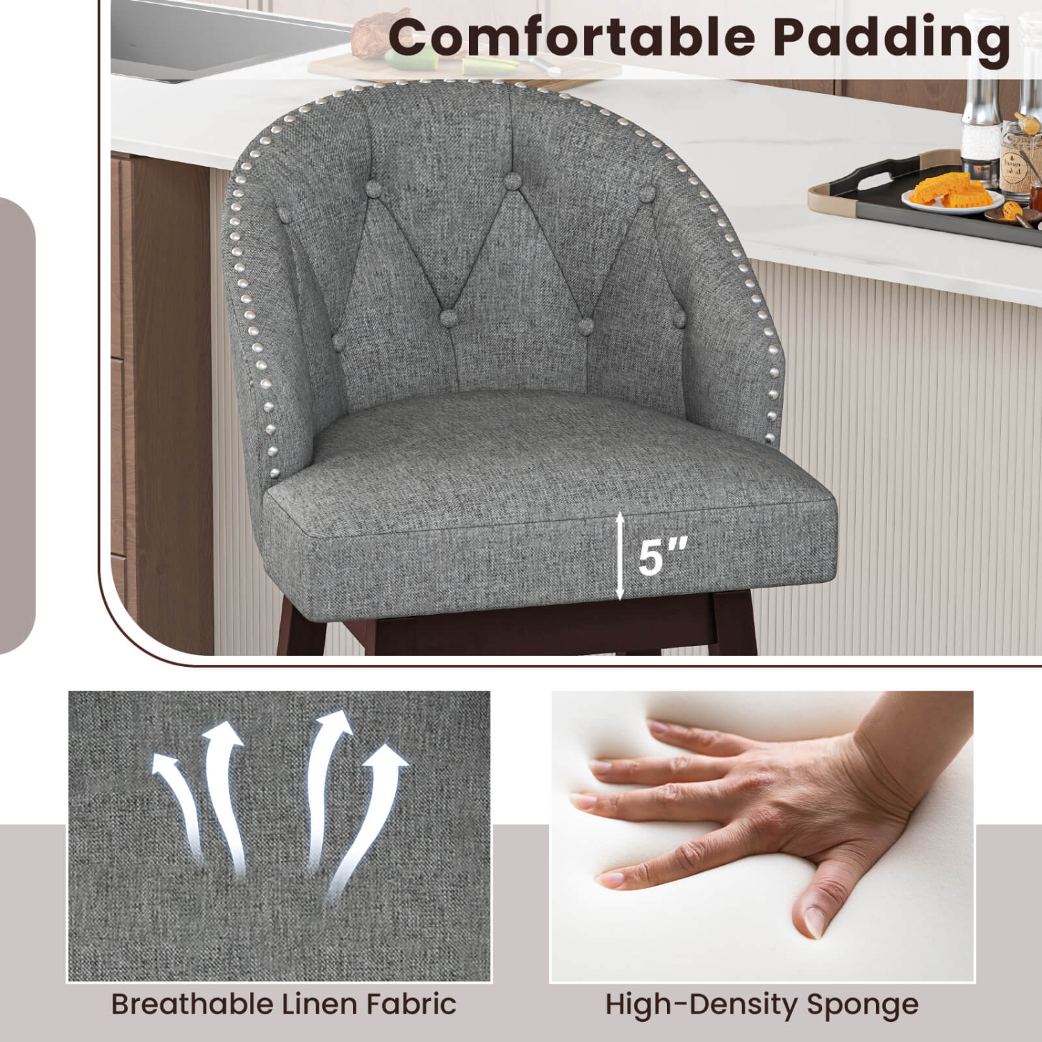 Costway Set of 4 Swivel Bar Stools Tufted Bar Height Pub Chairs with Rubber Wood Legs