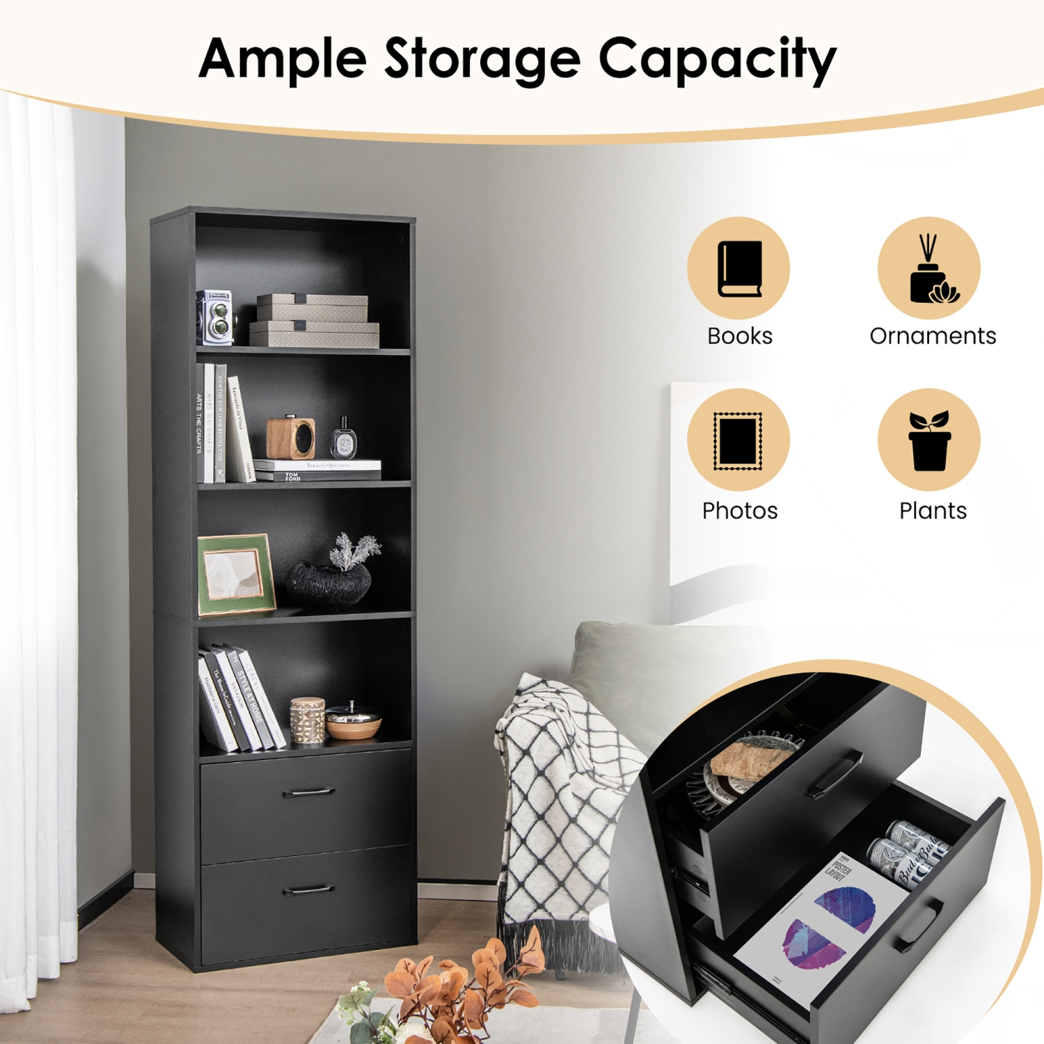 Costway 6-Tier Tall Bookshelf Freestanding Modern Bookcase Black Storage Cabinet