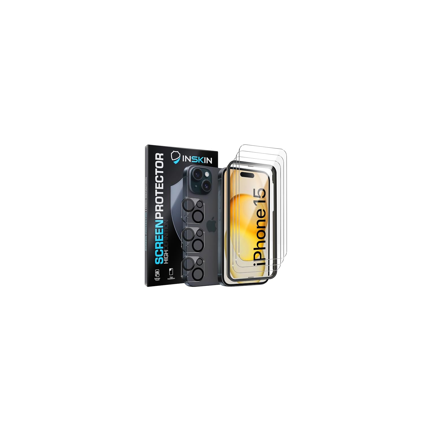 Inskin Screen Protector for iPhone 15 - 3+3 Tempered Glass for Screen & Camera Lens, Auto-Align Installation, Ultra HD, Long-Lasting Plasma Coating,