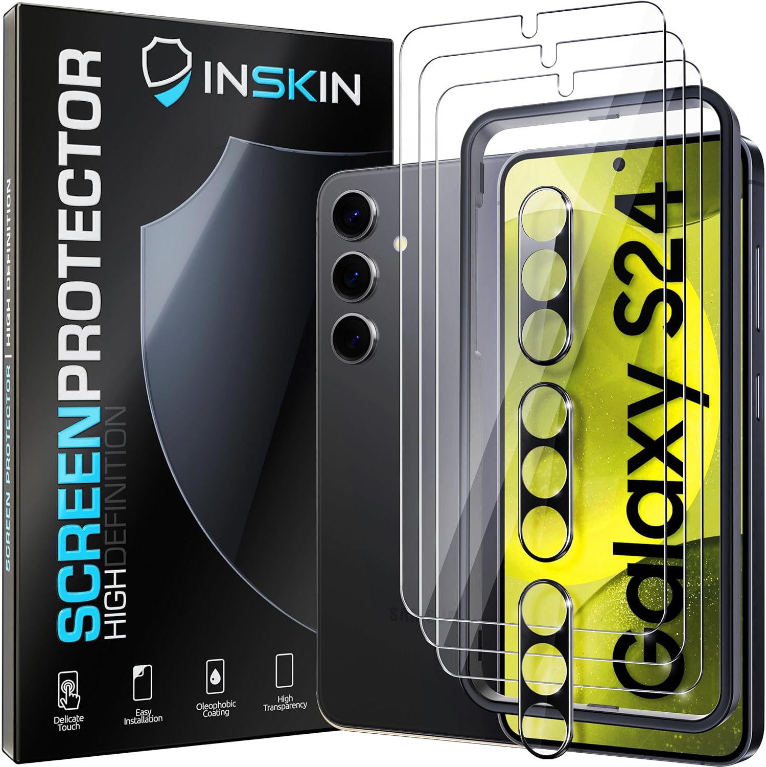 Inskin Screen Protector for Samsung Galaxy S24 5G - 3+3 Tempered Glass for Screen & Camera Lens, Auto-Align Installation, Fingerprint ID Support,