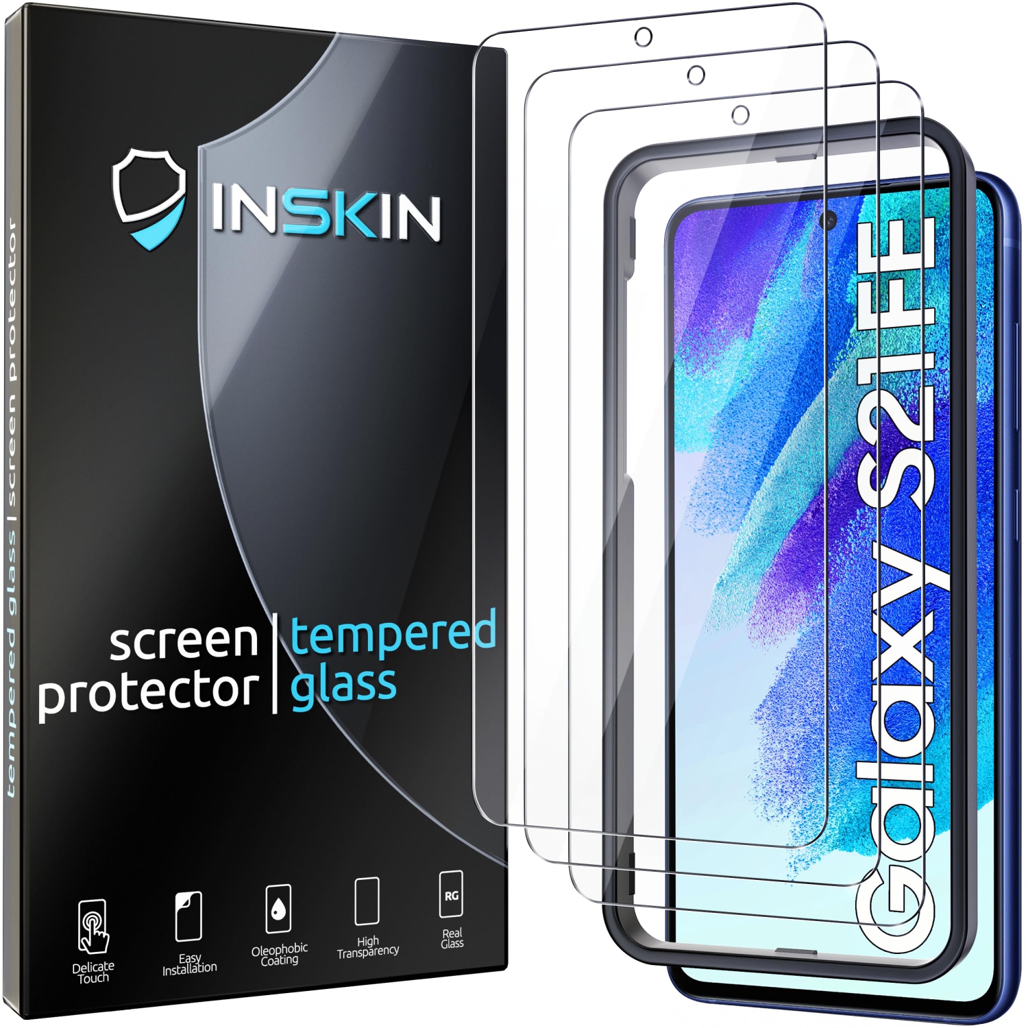 Inskin Screen Protector for Samsung Galaxy S21 FE 5G/4G - 3-Pack Tempered Glass, Auto-Align Installation, Plasma Coating, Fingerprint ID Support,
