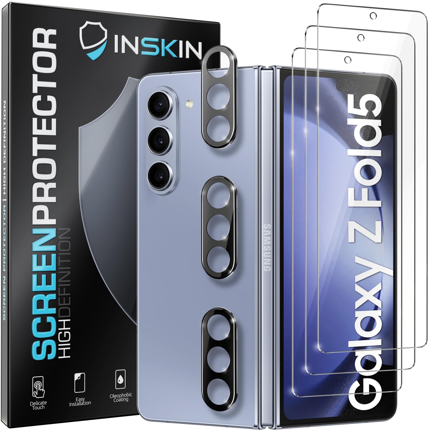 Inskin – Protecteur d’écran avant et d’objectif 2-en-1 pour Samsung Galaxy Z Fold 5 5G 7,6&nbsp;po [2023] – 3+paquet de 3, film de verre trempé 9H,
