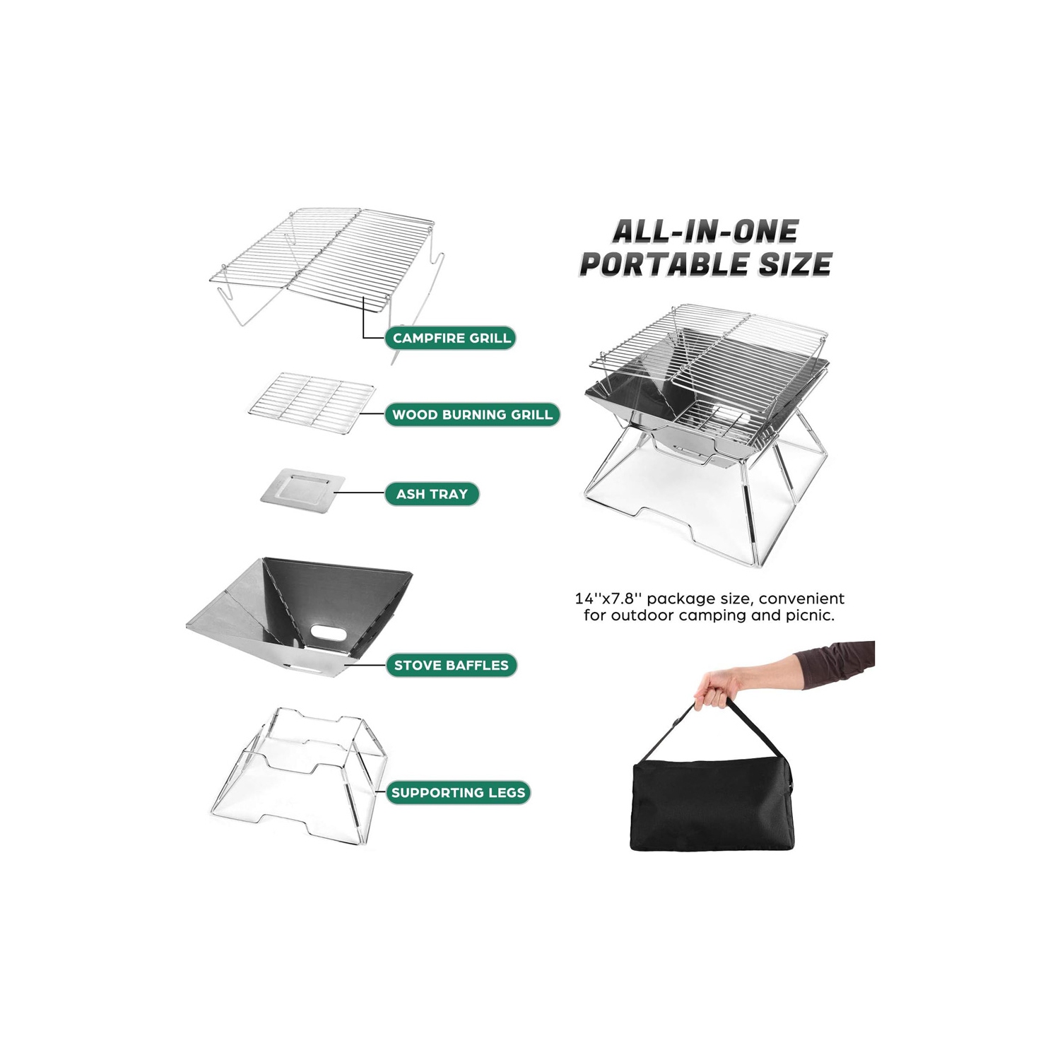 axGear Collapsible BBQ Grill Camp fire Pit Portable Stainless Steel Barbecue Stove