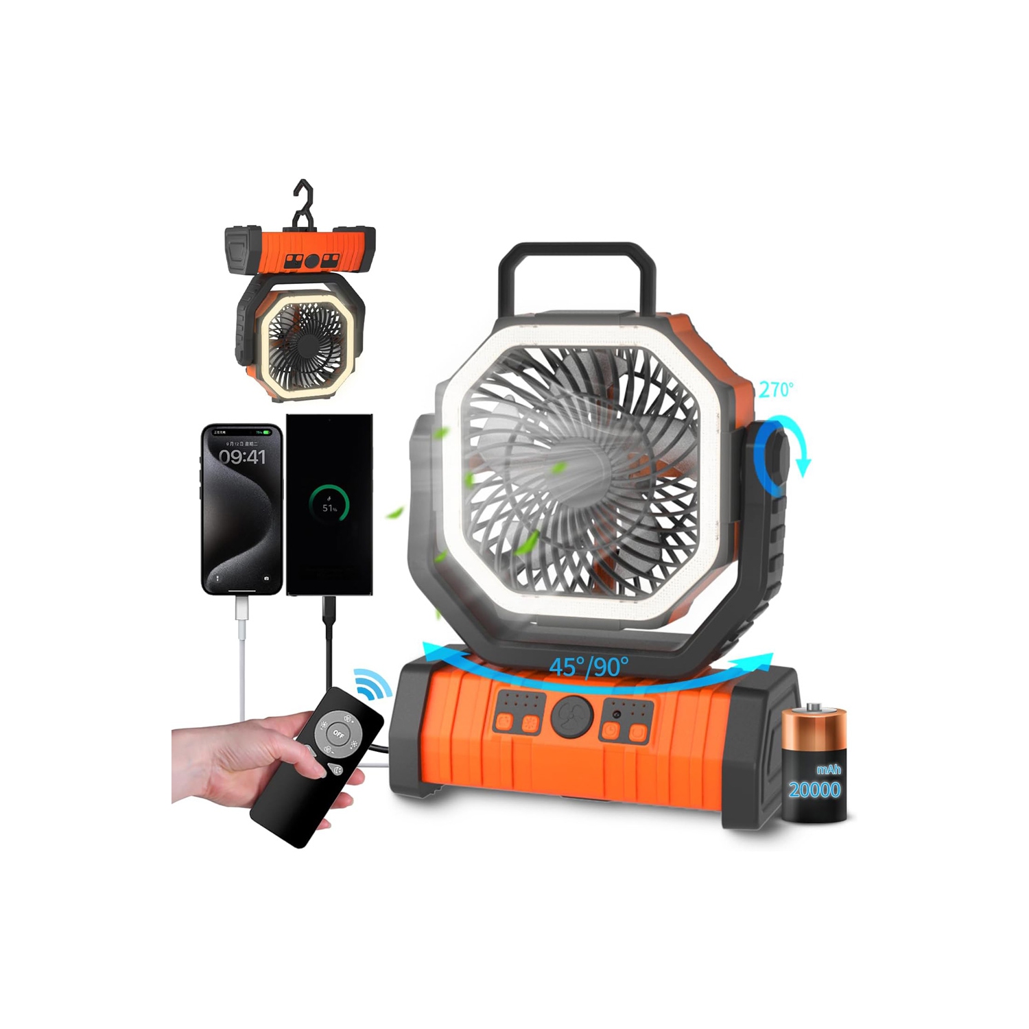 Lampe de tente portative d'extérieur avec ventilateur de camping DEL rechargeable d'axGear