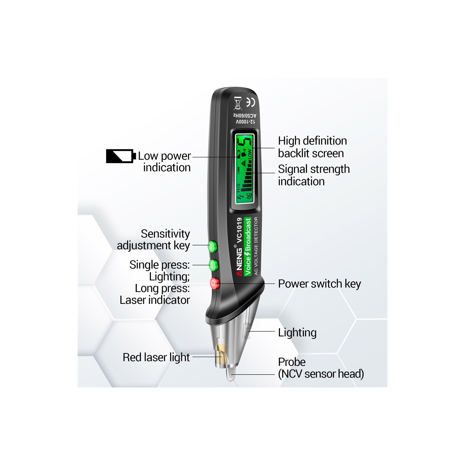 Capteur de tension d'axGear sensibilité du stylo du testeur électrique CA sans contact 12-1000&nbsp;V