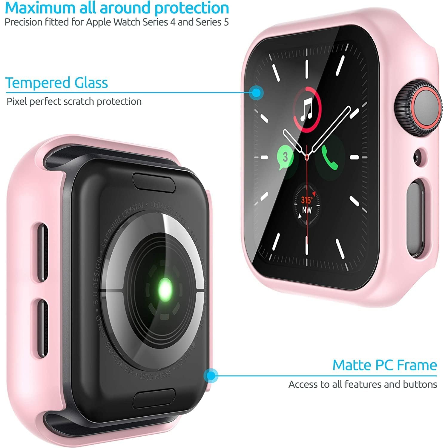 Inskin PC Case with Built-in Tempered Glass Screen Protector, fits Apple Watch Series 6/5/4/SE. 44mm. Pink.