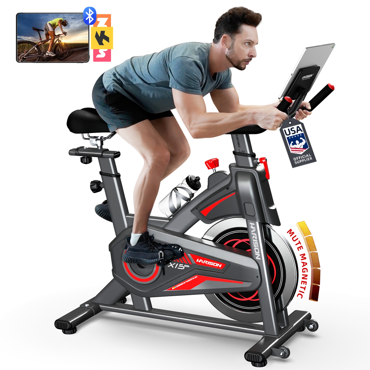 HARISON – Vélo d'exercice magnétique avec Bluetooth, vélos stationnaires pour la maison avec support pour iPad et coussin de siège confortable,