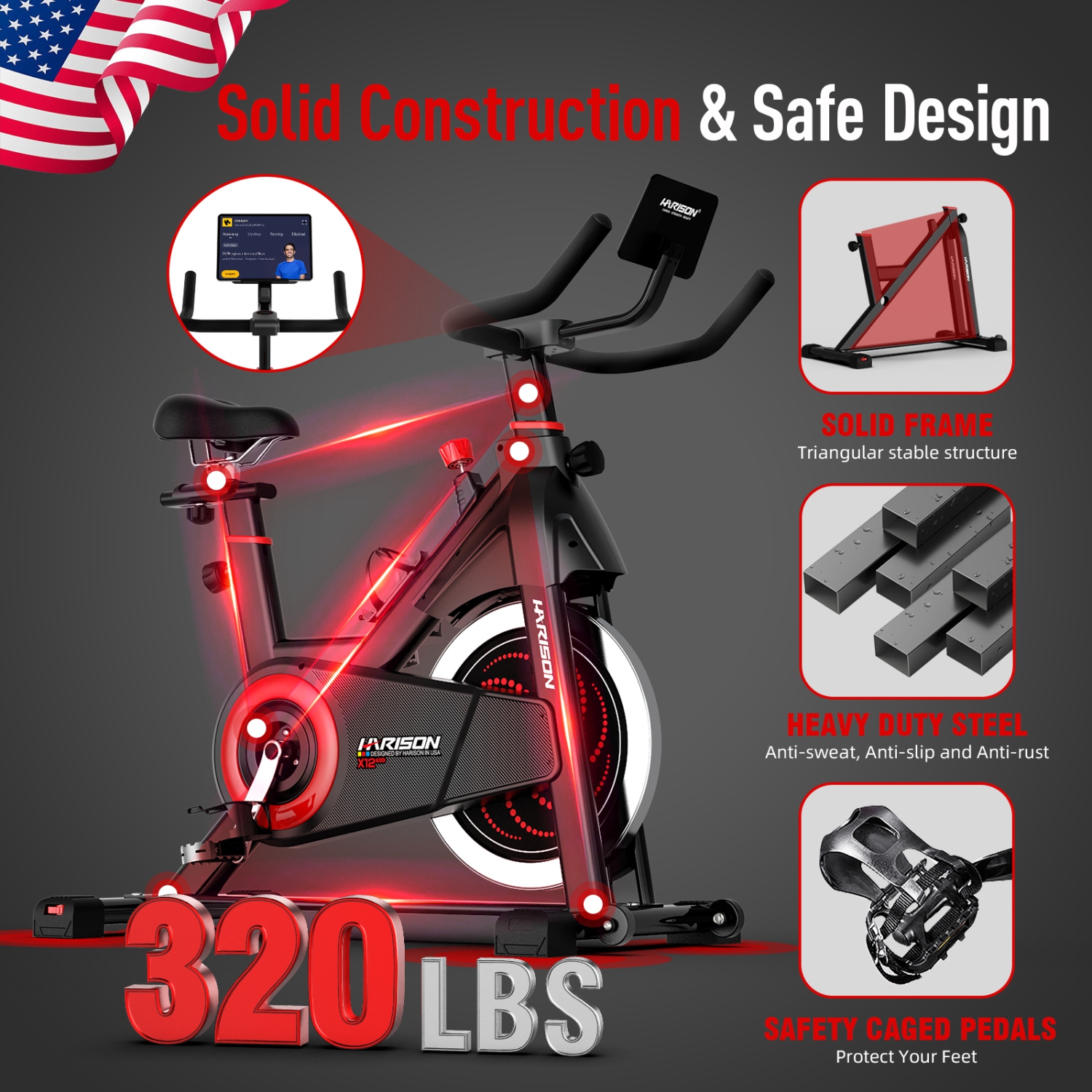 HARISON Magnetic Exercise Bike with Bluetooth, Stationary Bikes for Home Gym with iPad Holder, 350lbs Capacity