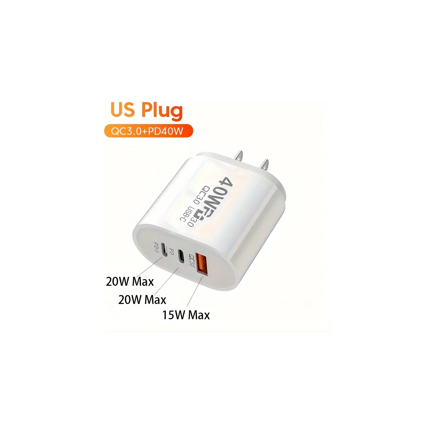 Bloc de chargement rapide USB-C de 40&nbsp;W, prise américaine PD QC 3,0, chargeur USB-C pour iPhone 16, 15, 14, Xiaomi, Pixel Samsung, MacBook