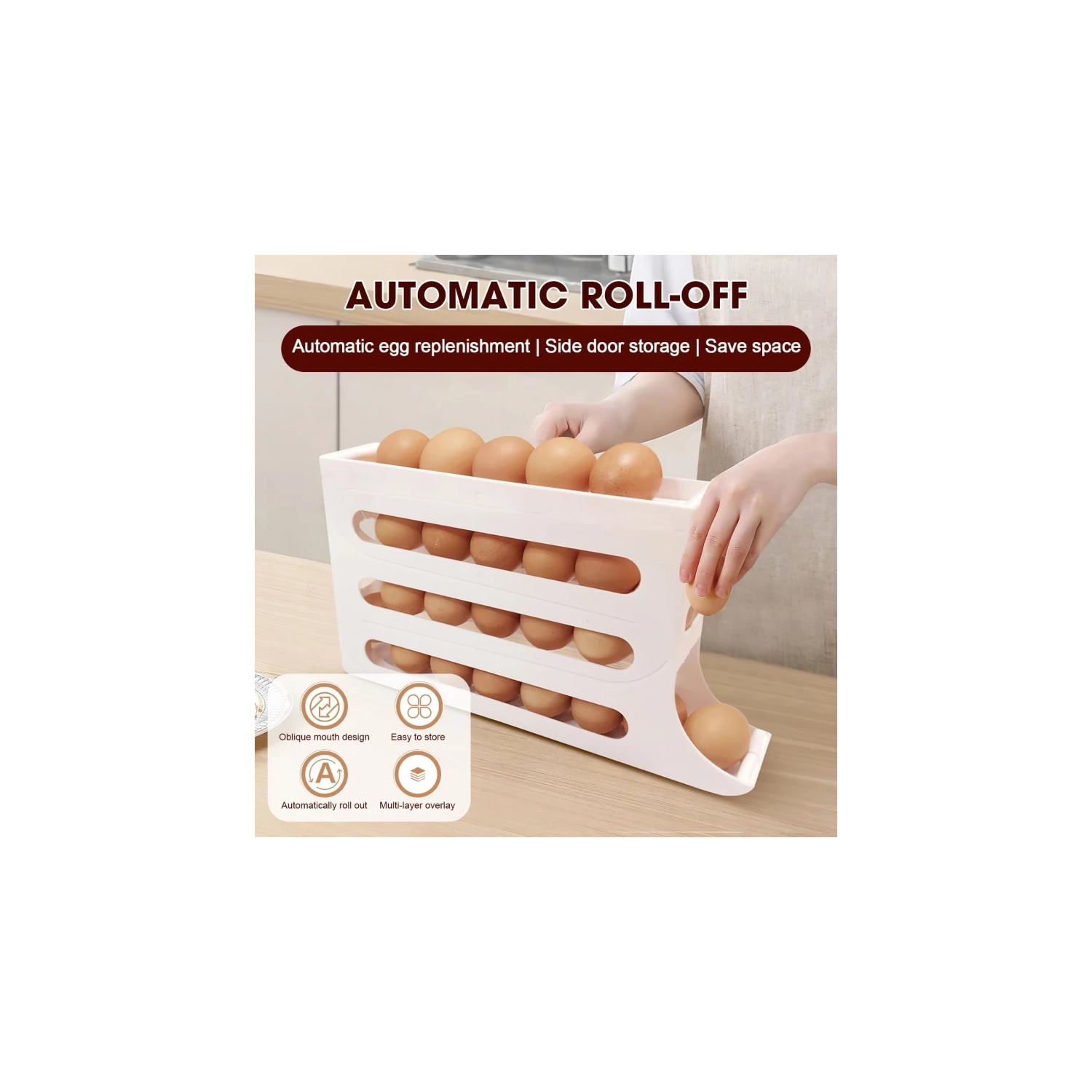 Refrigerator Egg Storage Box, Automatic Rolling Egg Rack, Large Capacity ABS Egg Holder for Fridge