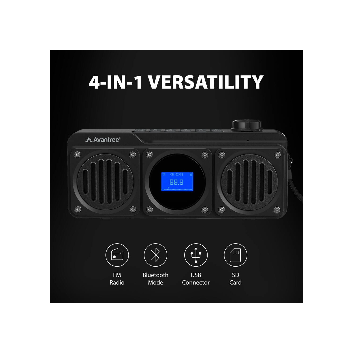 Avantree – radio FM portative avec haut-parleur Bluetooth, deux haut-parleurs, son stéréo à volume élevé, fente pour carte microSD et entrée audio