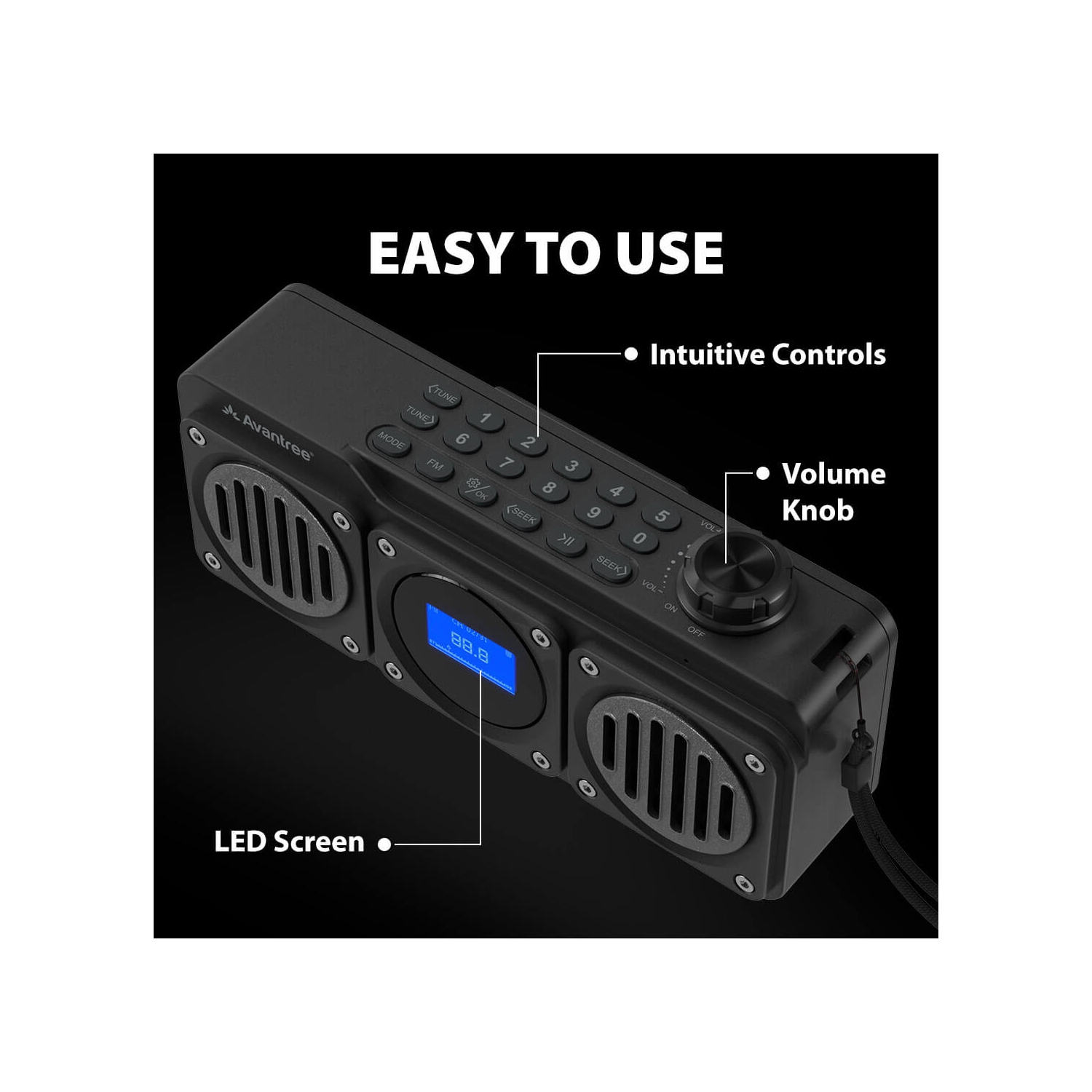 Avantree – radio FM portative avec haut-parleur Bluetooth, deux haut-parleurs, son stéréo à volume élevé, fente pour carte microSD et entrée audio